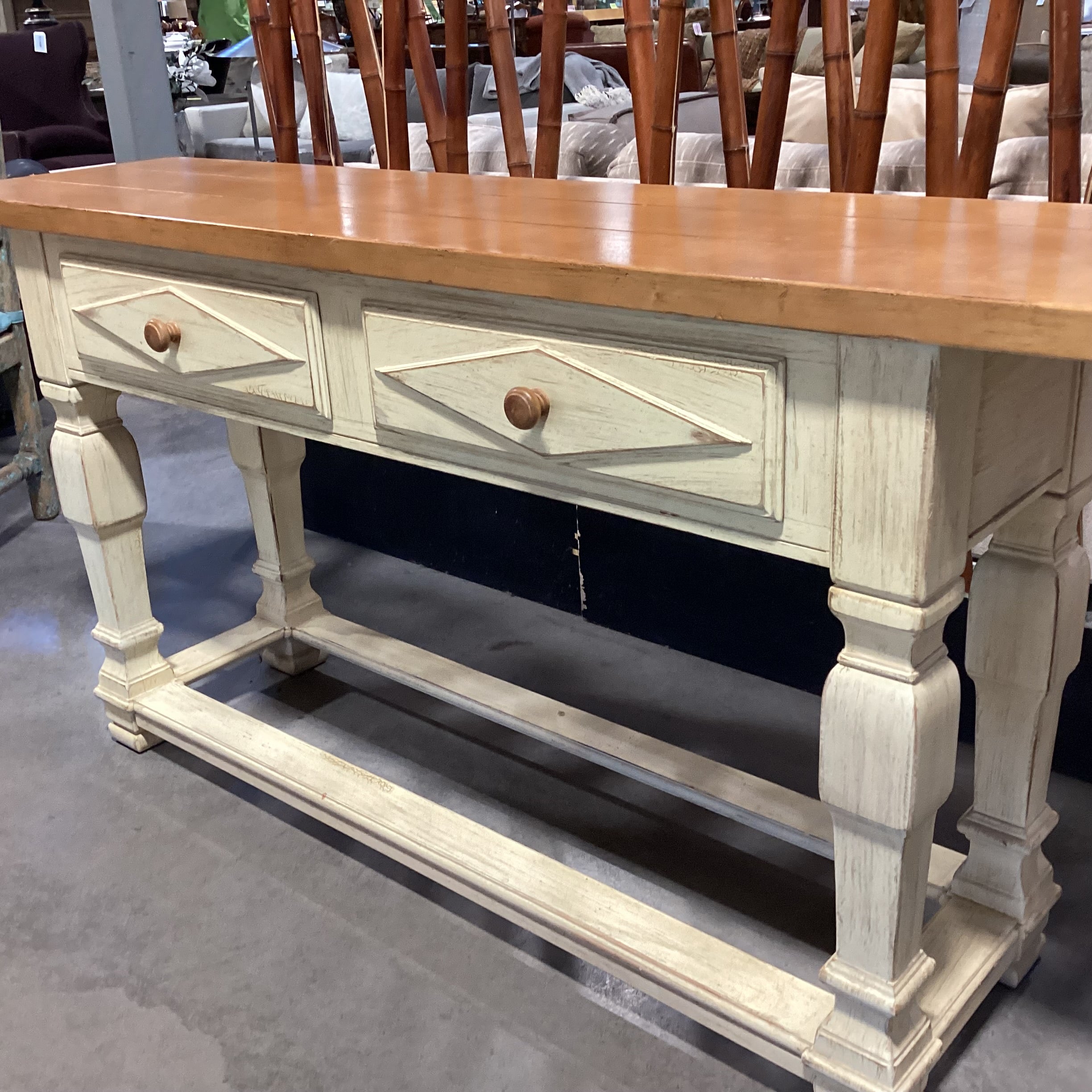 Drexel Cream & Finished Distressed Carved Wood 2 Drawer Sofa Table 72"x 18"x 55.5"