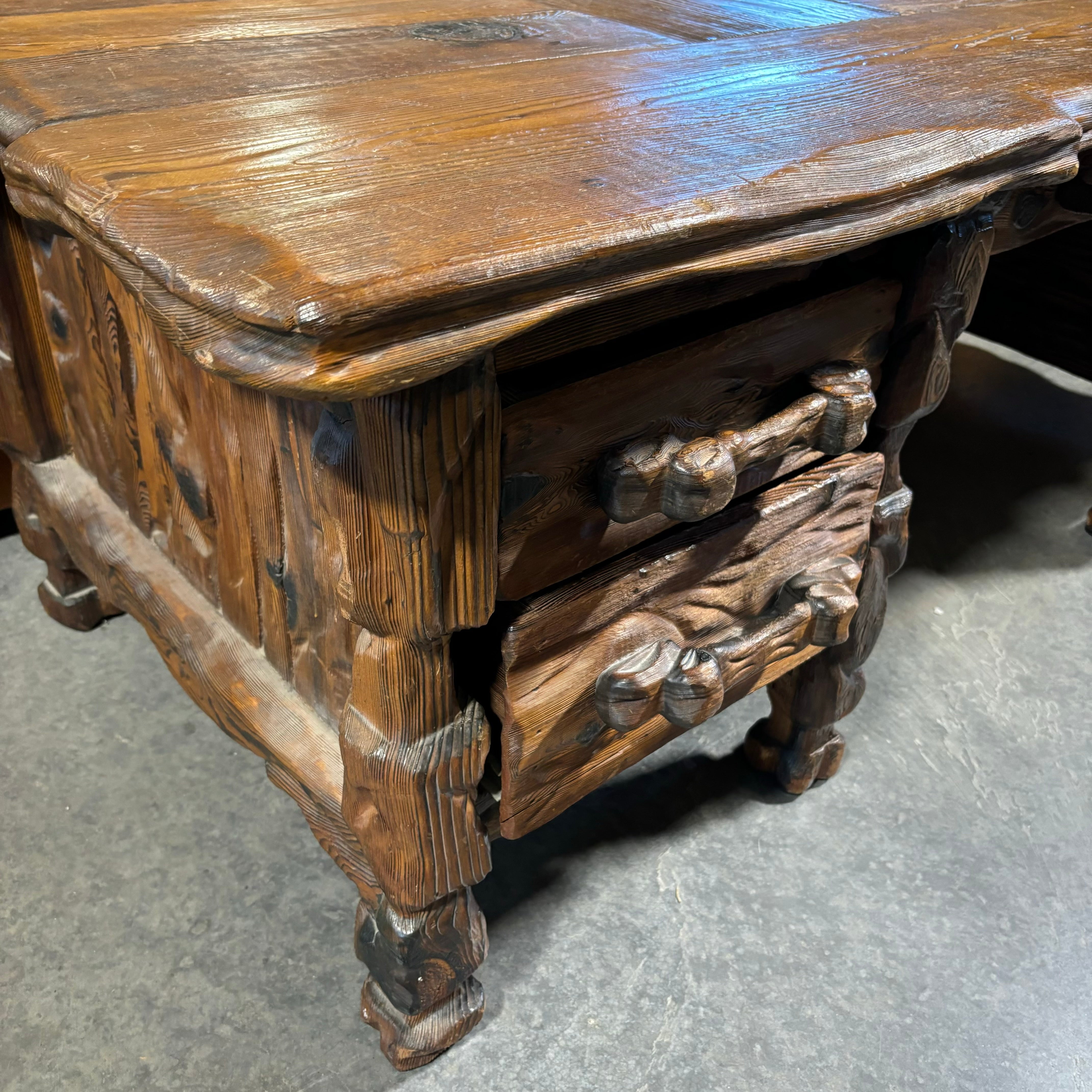 Natural Log Style with Carved Detail 5 Drawer Desk 78"x 35"x 27"