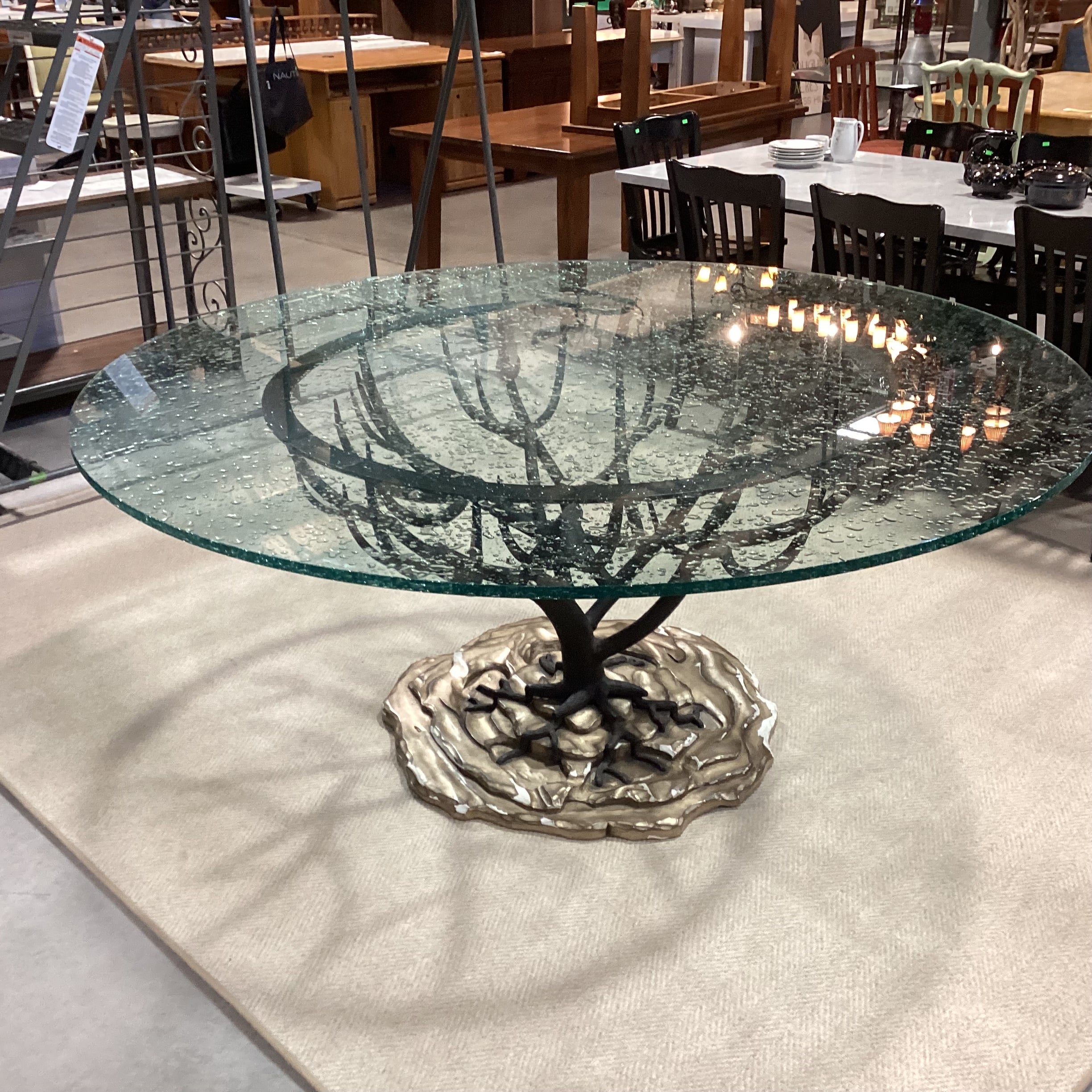 Custom Iron Tree Base with Round Bubbled Glass Dining Table 72" Diameter x 31"