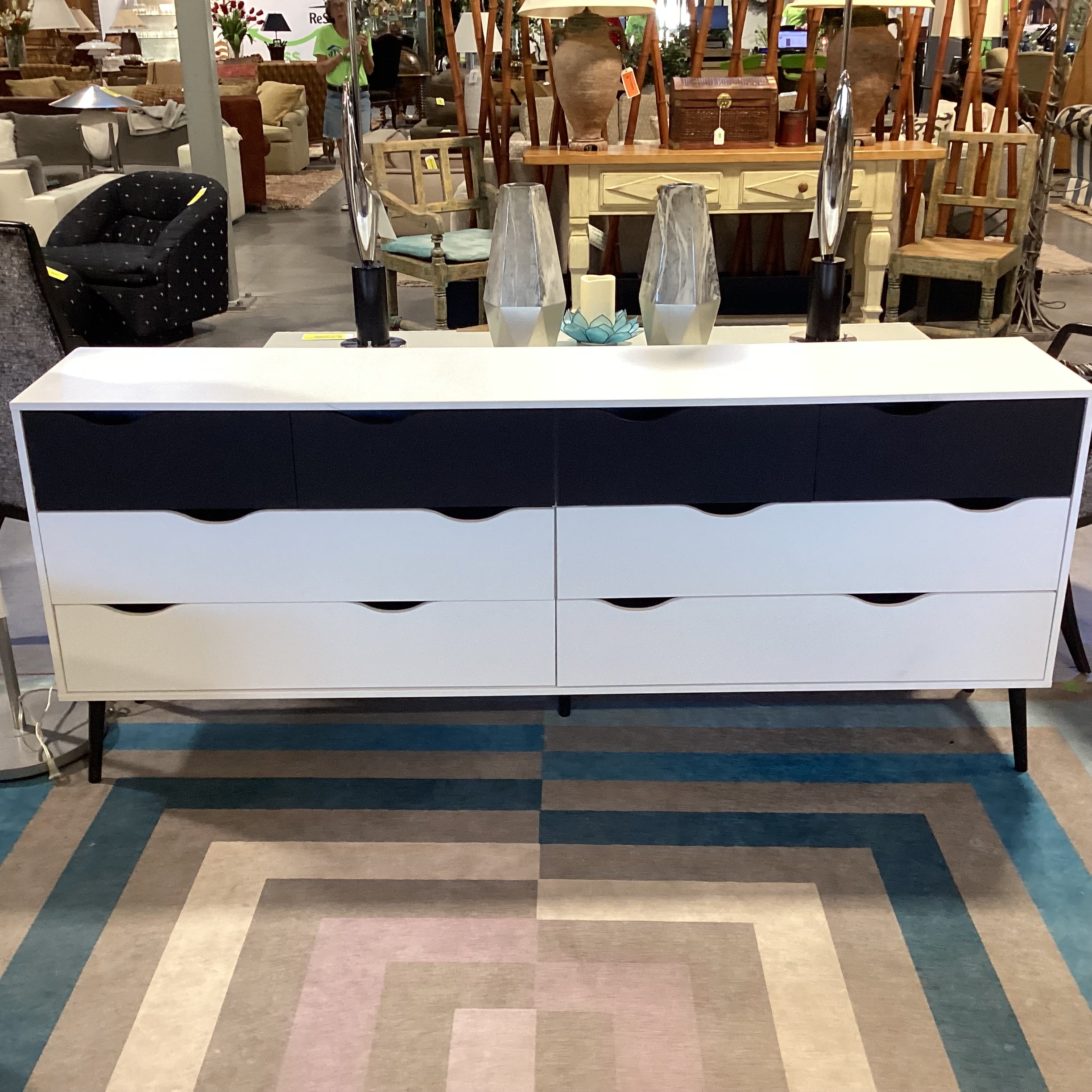 Danish Modern Black & White Laminate 8 Drawer Dresser 77"x 15.5"x 32"