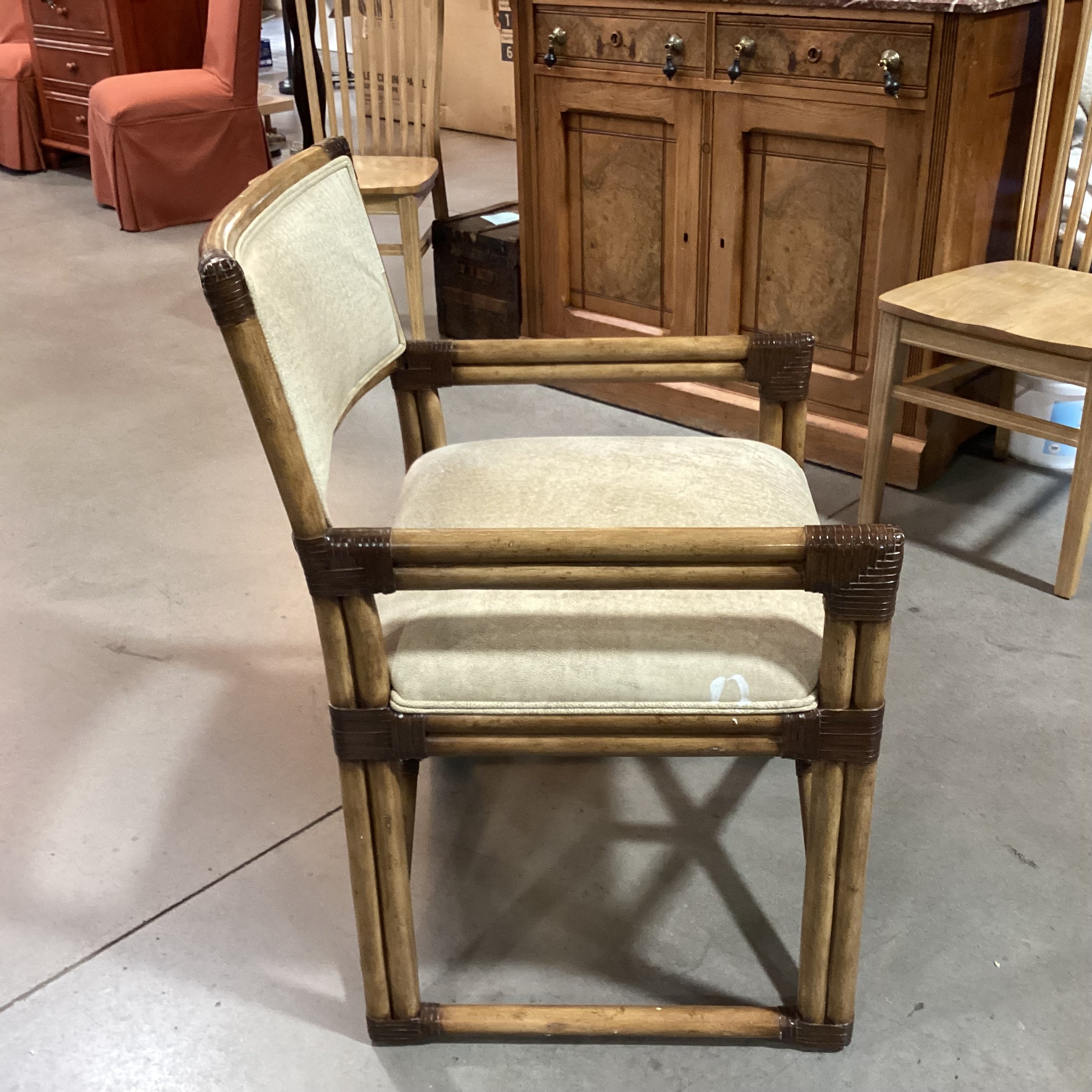 Vintage Bamboo Leather Strap Wrapped & Texture Tan Leather Accent Chair 24"x 24"x 35"