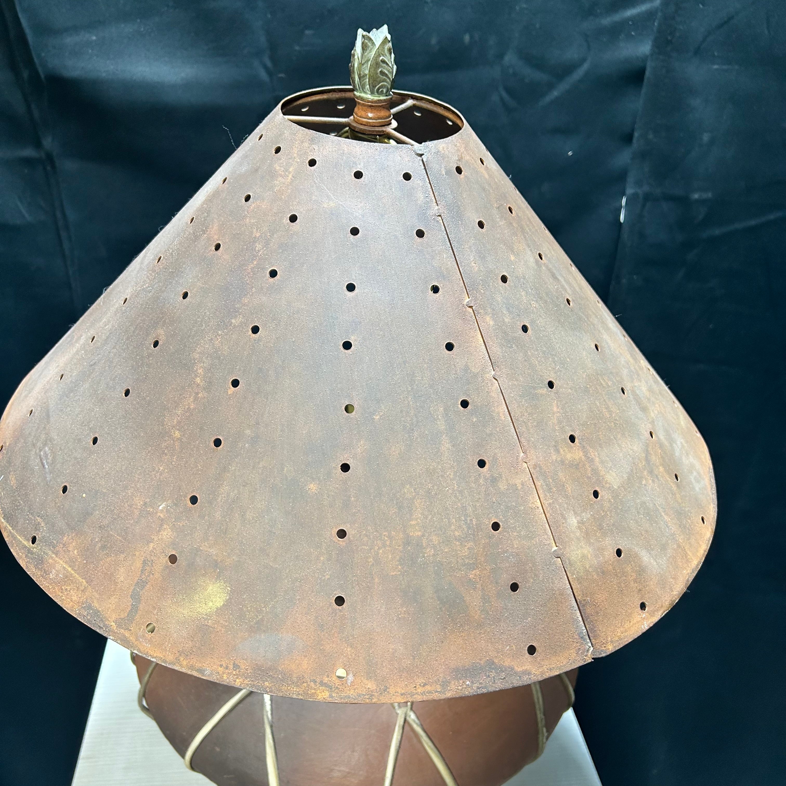 Vintage Leather Wraped Potery With Iron Basde And Shade 19"x 27"