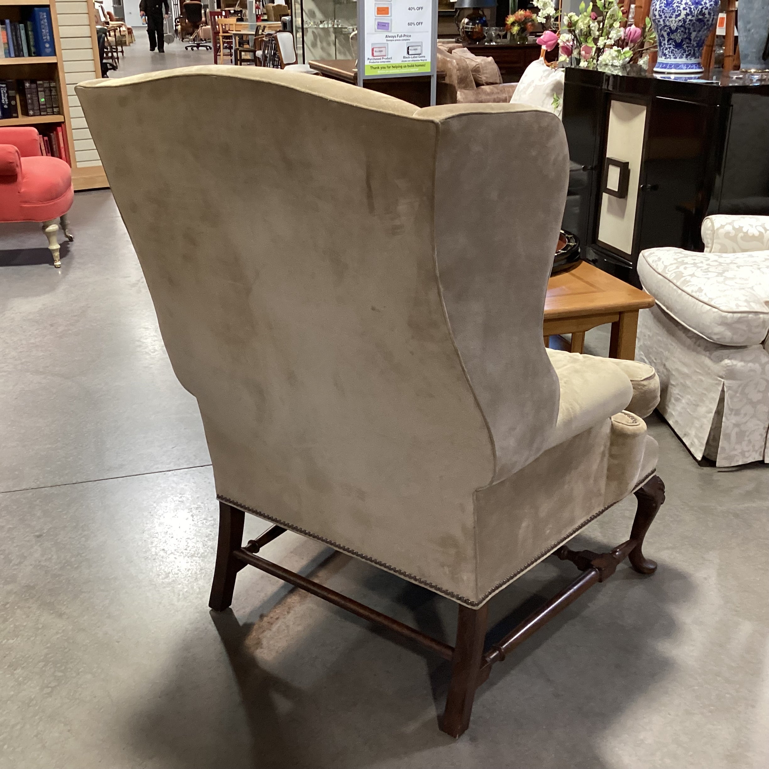 JJ Custom Beige Tan Suede Nailhead Down Mix & Carved Wood Wing Chair 36"x 36"x 47"