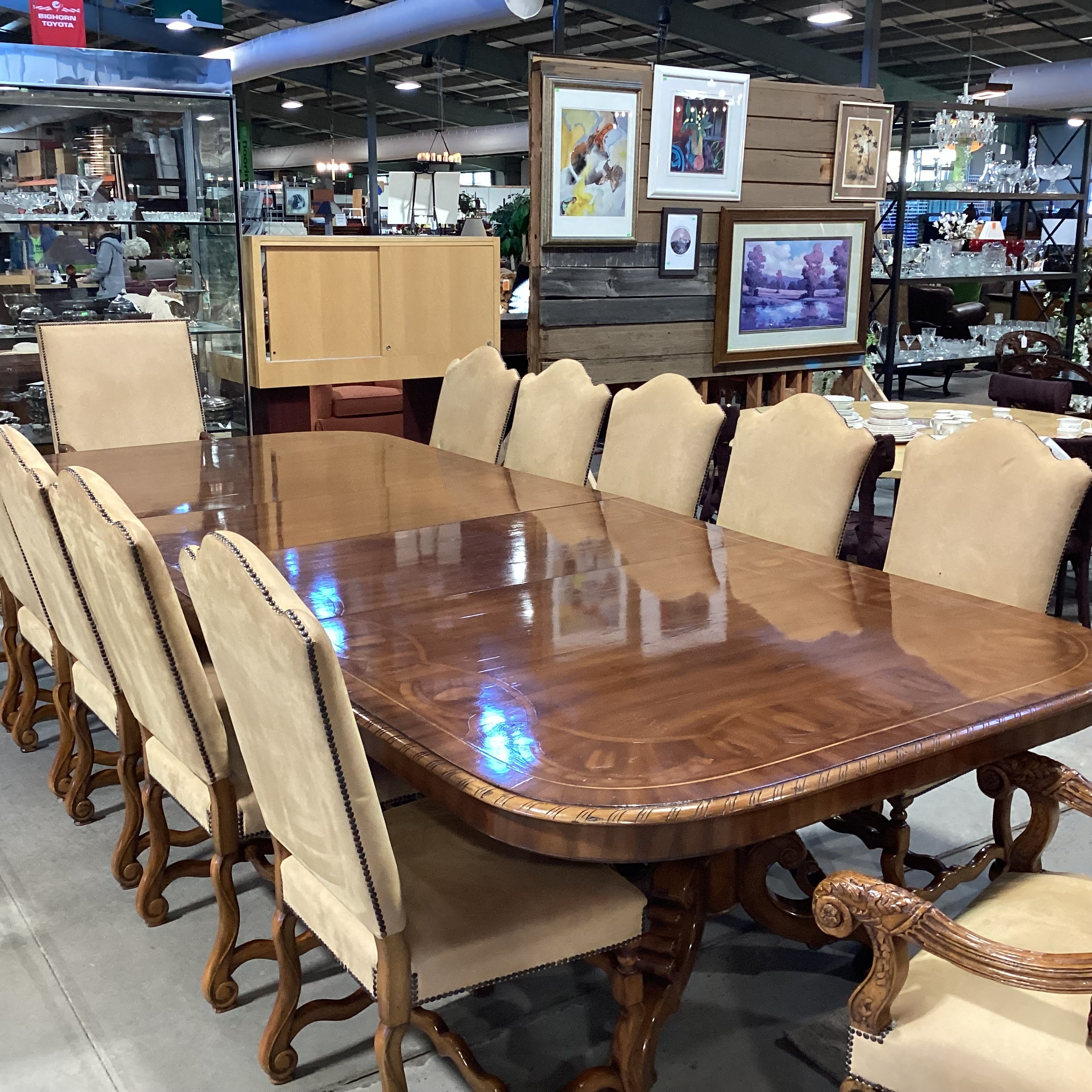 Alfonso Marina Ebanista Ornate Carved & Inlay 2 Leaves Double Pedestal Table with 12 Chairs Dining Set 142"x 60.5"x 30"