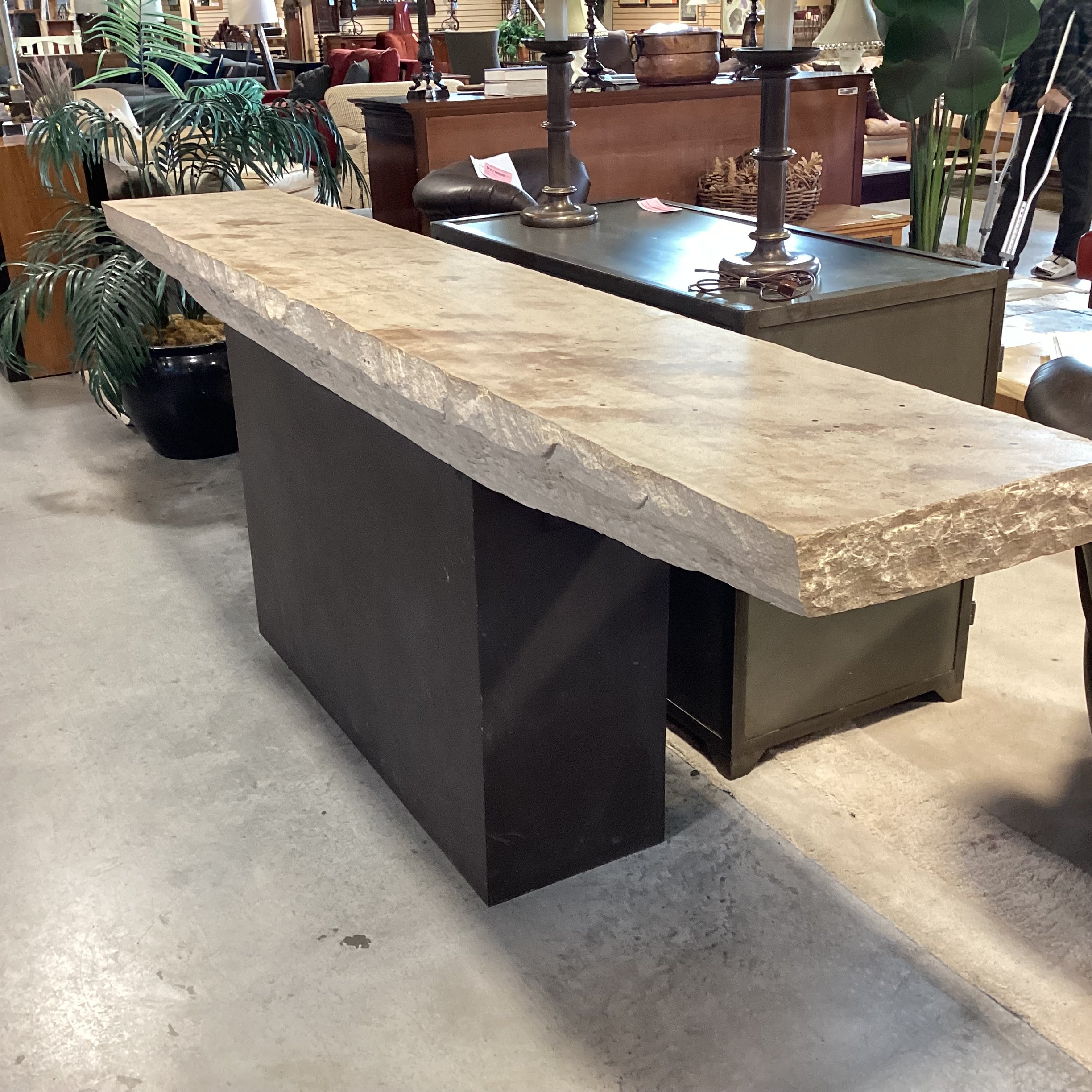 Custom French Buff Sandstone & Steel Pedestal 2 Piece Console Table 108"x 19"x 37.5"