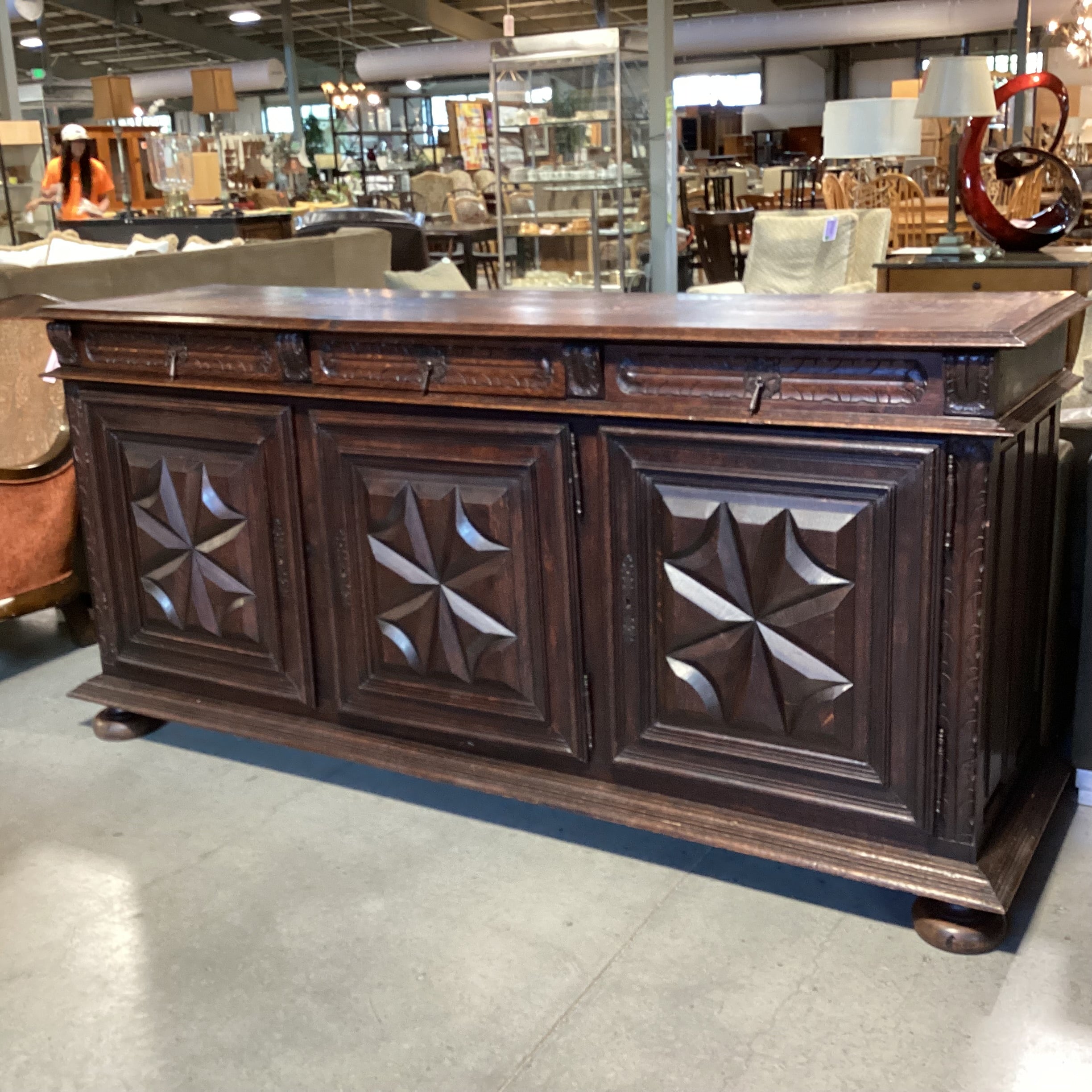 Antique Solid Carved Finished Oak 3 Drawer 3 Door Credenza 83"x 22"x 39"