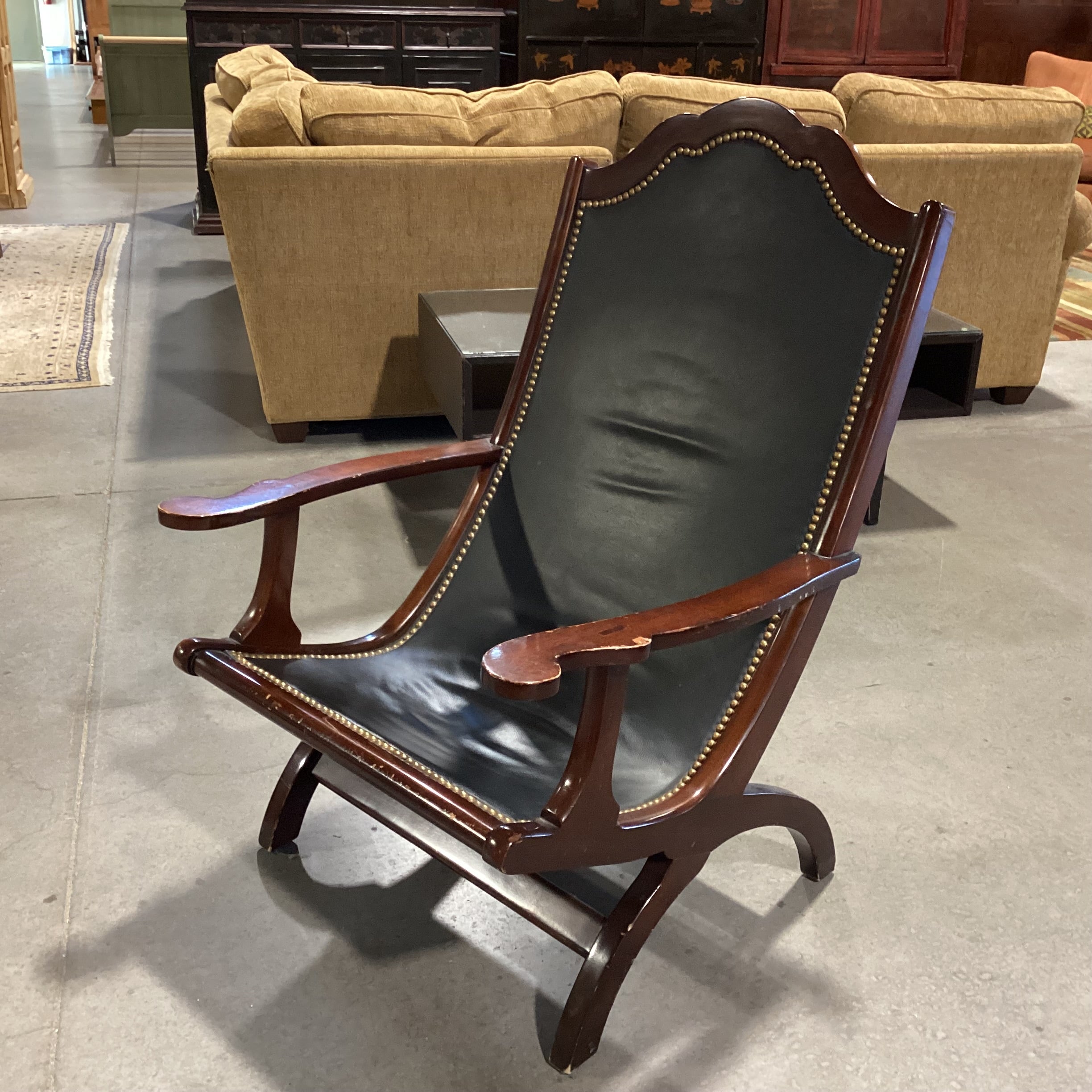 Black Leather Nailhead & Carved Wood Plantation Style Chair 27"x 30"x 40"