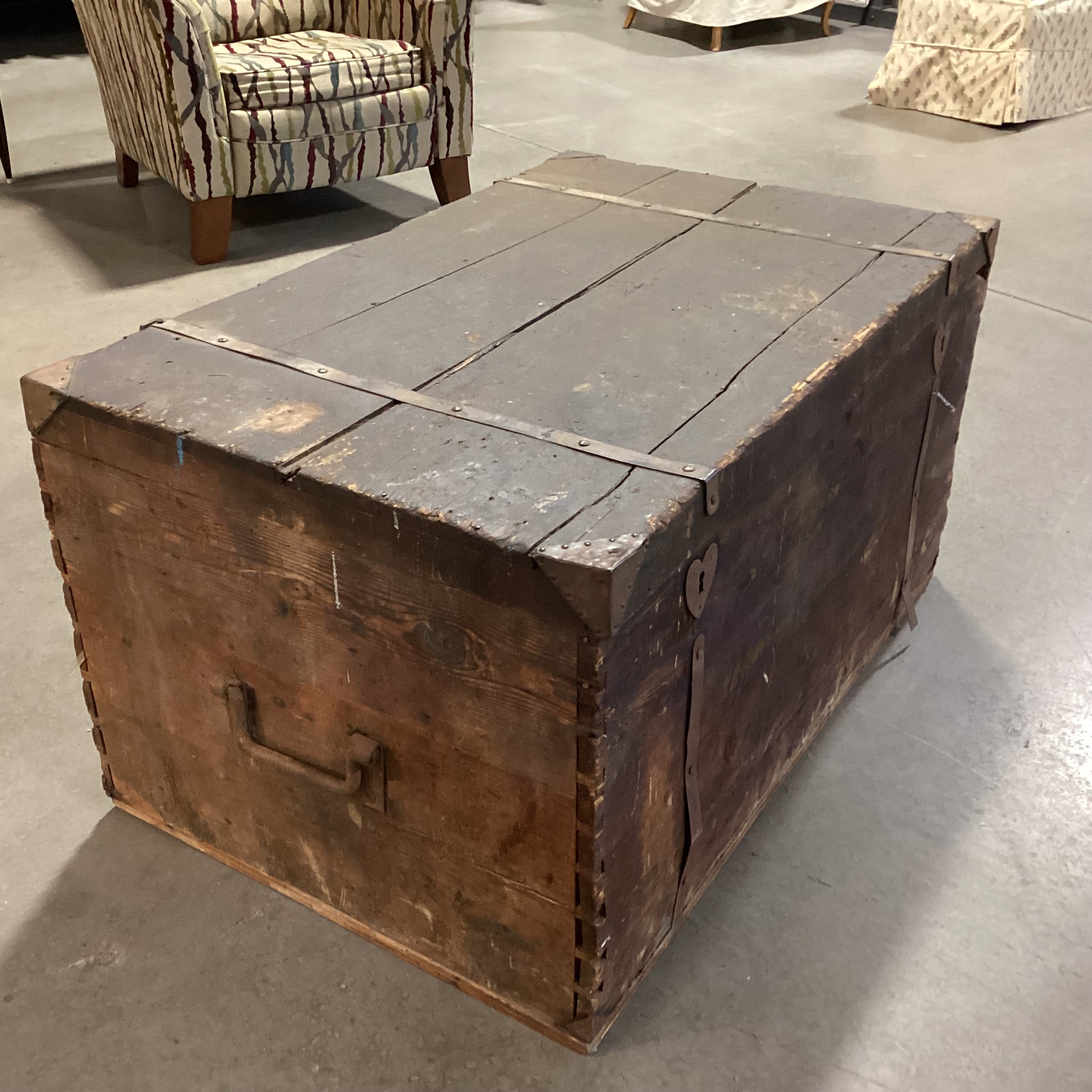 Antique Wood With Iron Bands & Heart Keyhole Trunk 42"x 28"x 23"