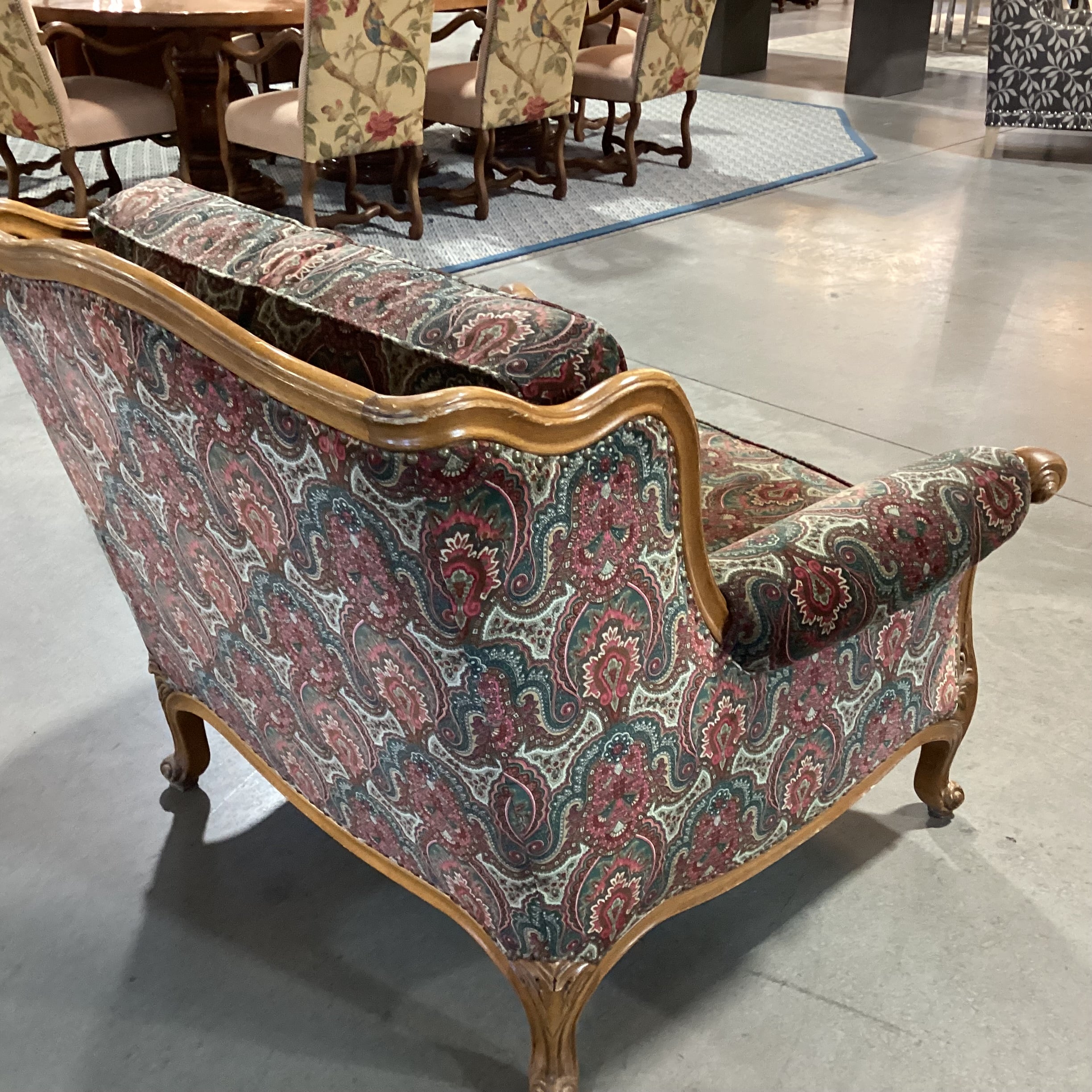 Vintage Ralph Lauren Red Green Paisley Velvet Nailhead & Carved Wood Oversized Chair 42"x 42"x 38"