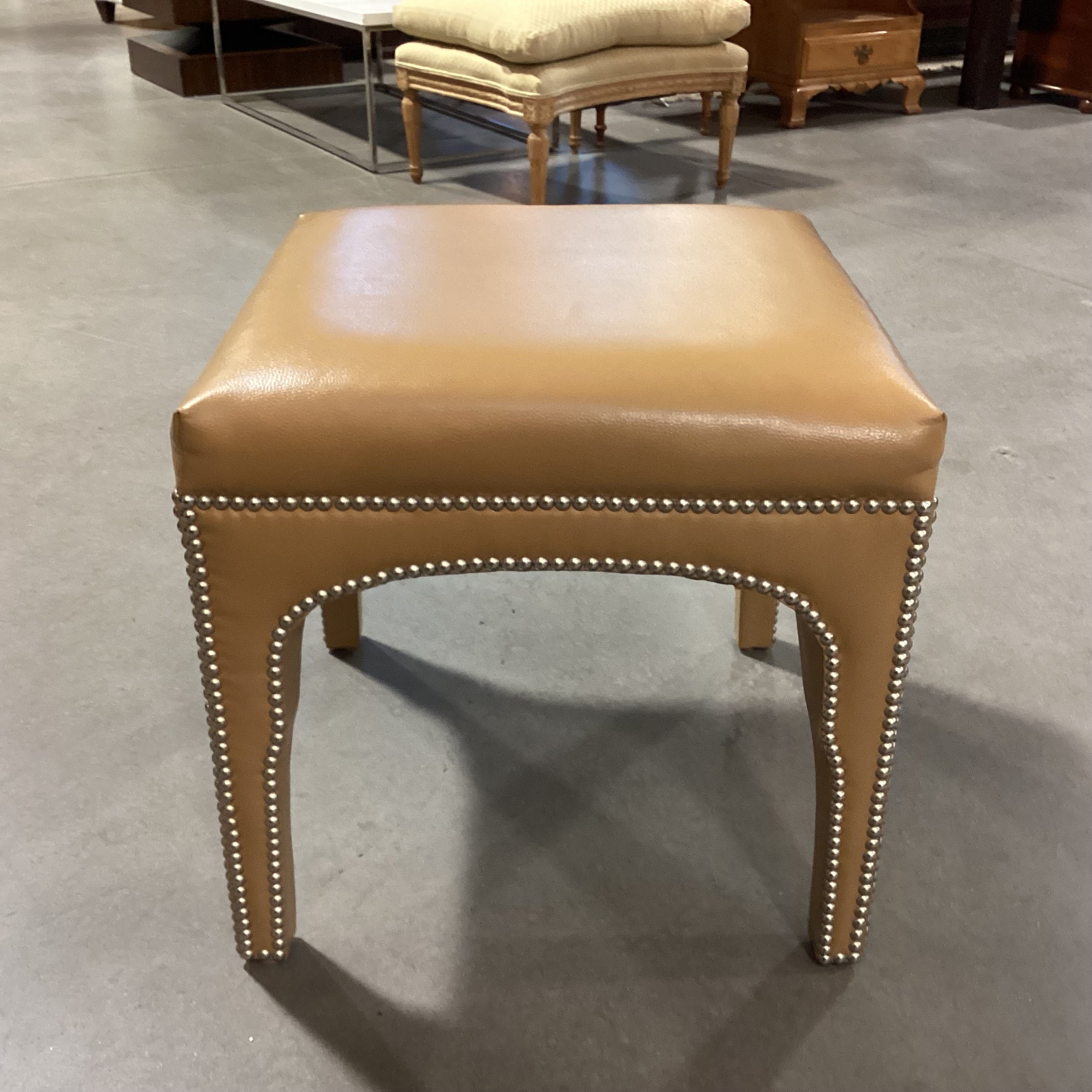 Tan Faux Leather Nailhead Stool Ottoman 21"x 21"x 20.5"