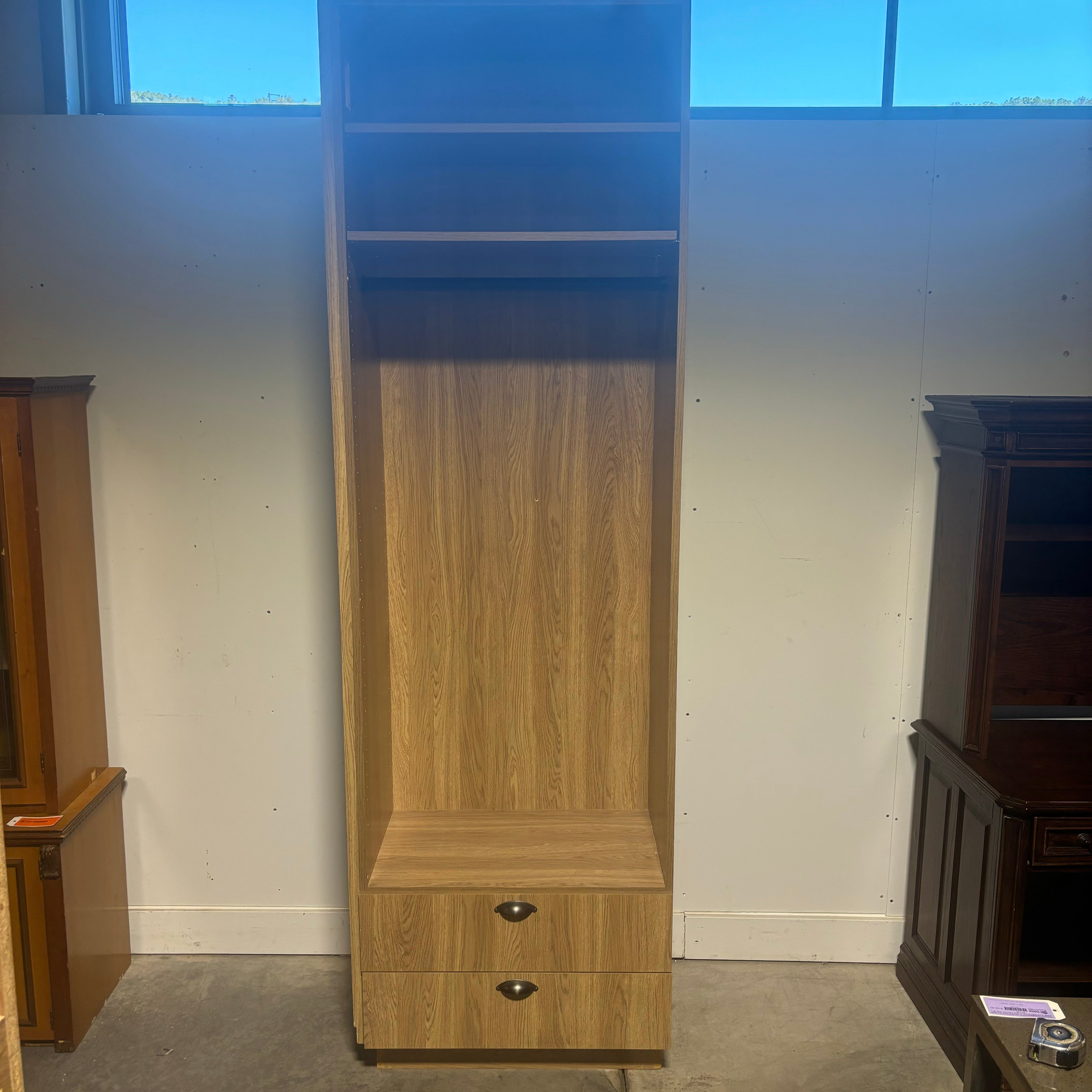 Light Brown Wood Laminate 2 Drawer 2 Shelf Standing Wardrobe 31.5”x 19”x 100”