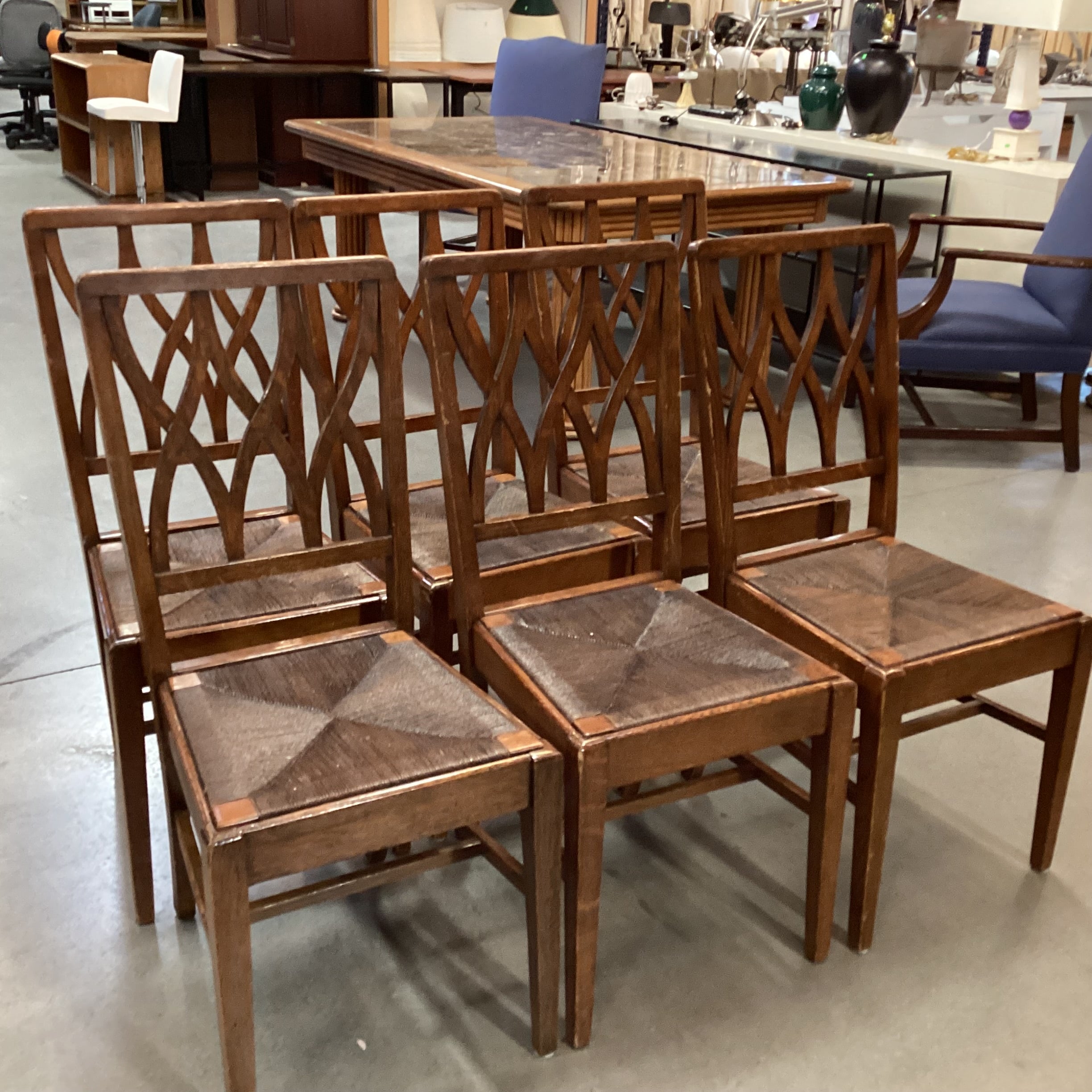 SET of 6 Vintage Antique Lattice Back & Rush Seat Dining Chairs 17"x 20"x 38"