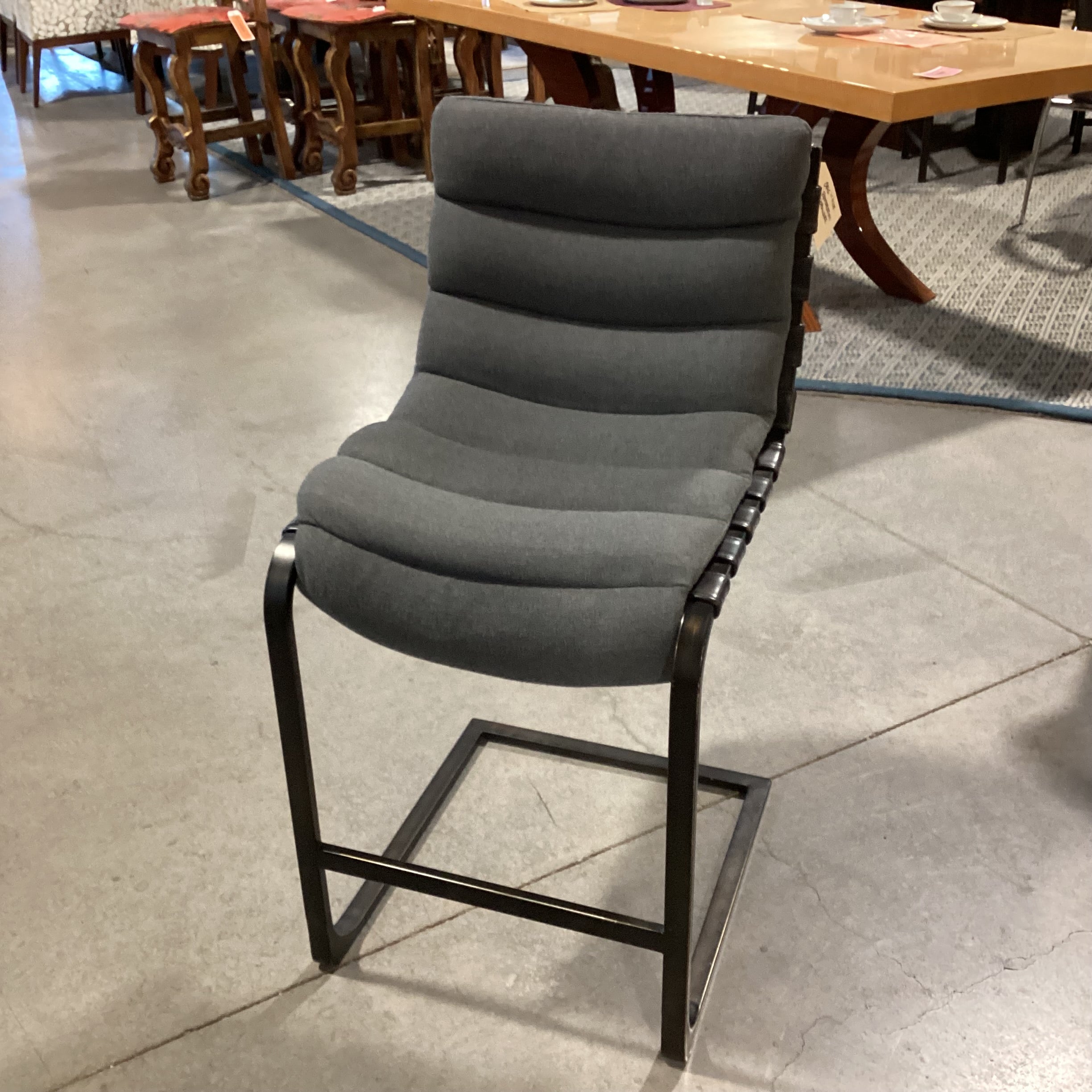 Restoration Hardware Black Metal & Leather Strapped with Grey Cushion Barstool 25"