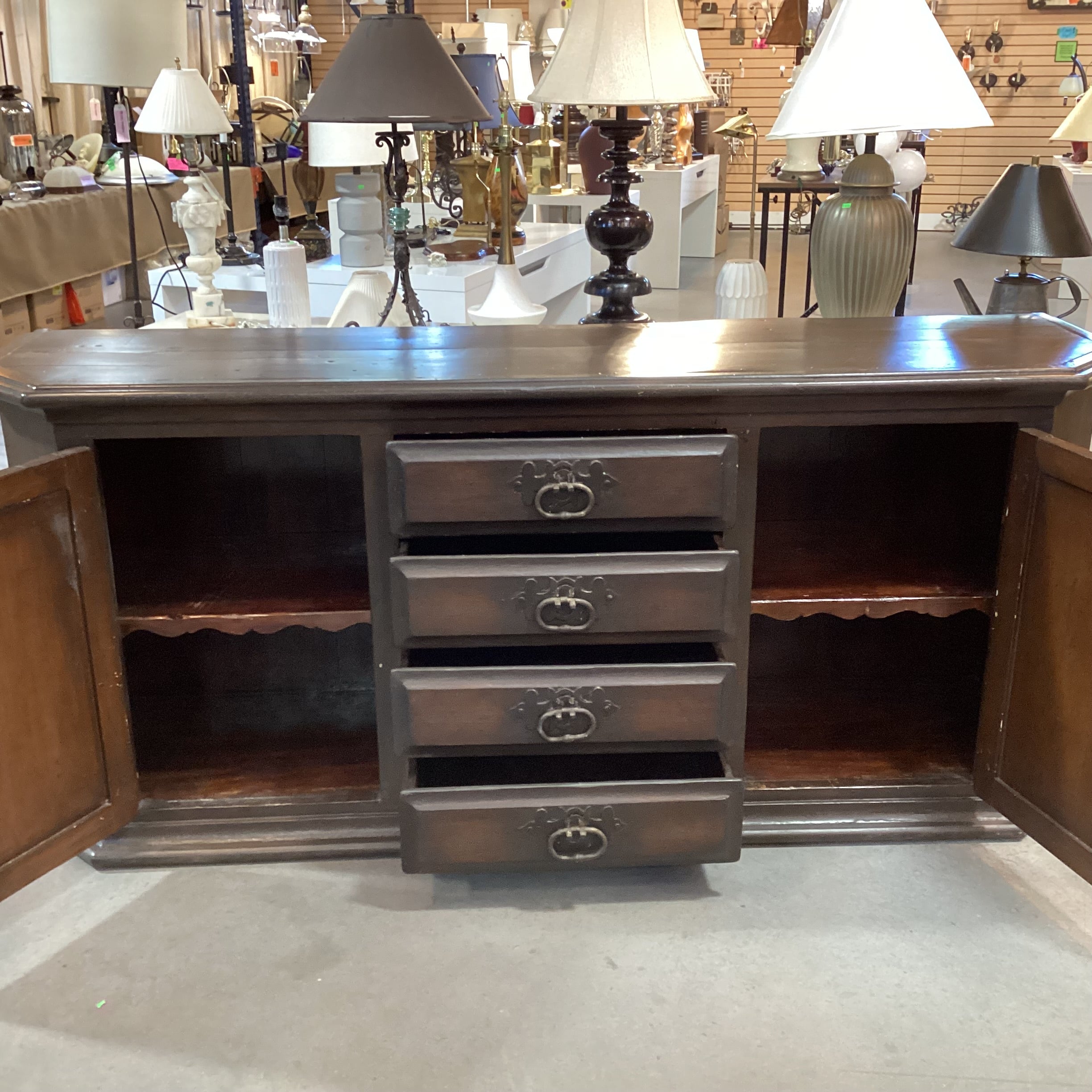 Vintage Antique Carved Wood with Iron Accent 4 Drawer 2 Door Buffet Sideboard 83"x 22"x 36.5"