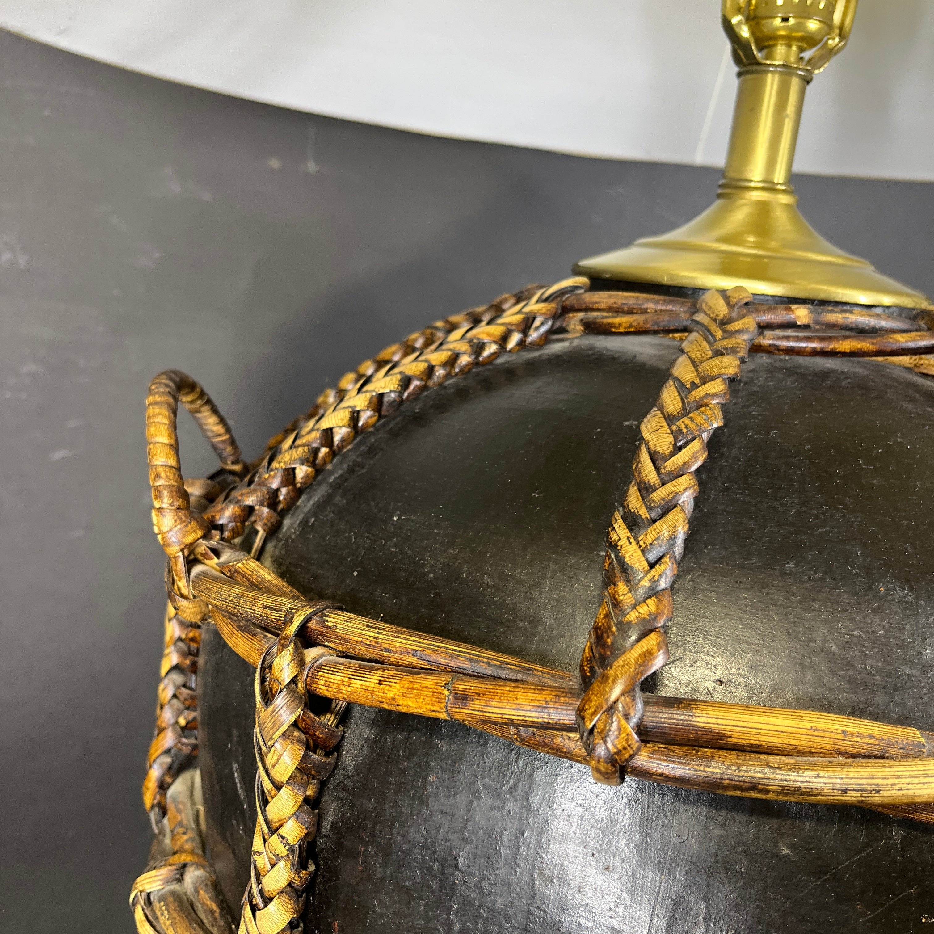 Oversized Black Painted Terracotta and Woven Rattan with Shade Table Lamp 22.5” Diameter @ Shade x 27”