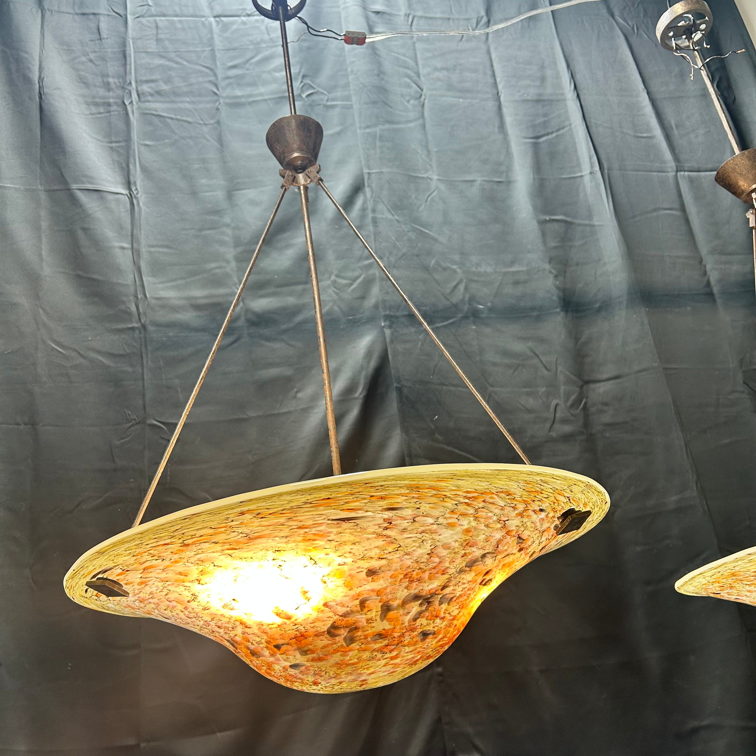 Multi Color Fused Glass Bowl & Iron Arms 26"x 44"Pendant