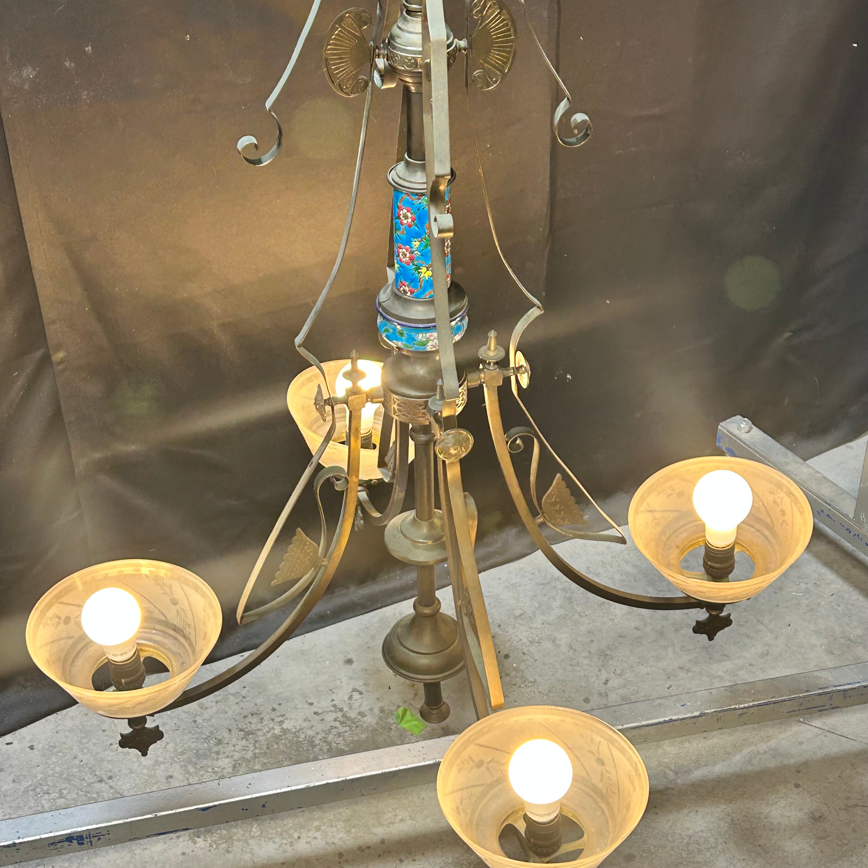 4-Light Aesthetic Eastlake Gas Chandelier Circa 1870  With Ceramic and Etched Glass 33"x 57"