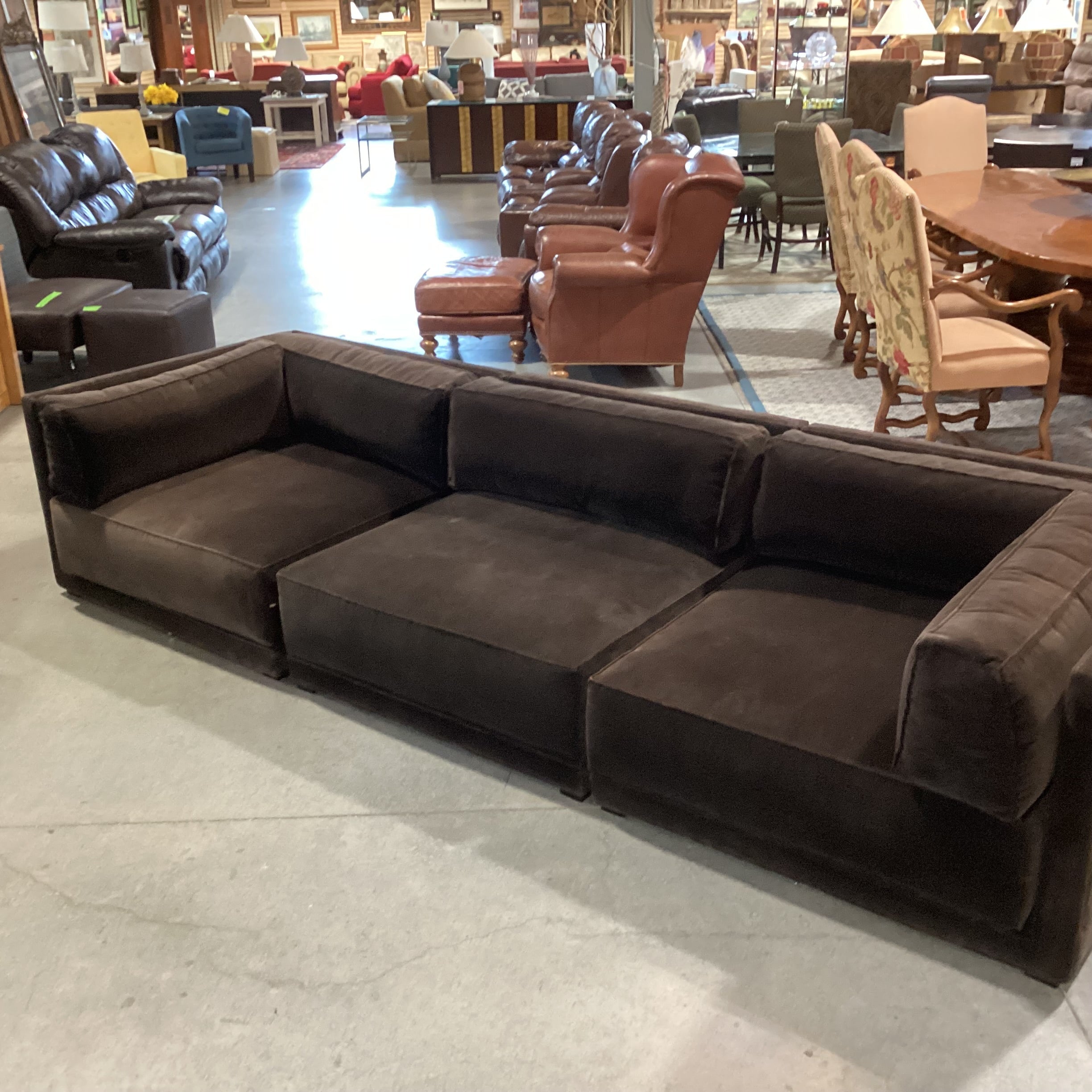 CB2 Oriole 3 Piece Dark Brown Performance Velvet Modular Sectional 126"x 43"x 2.5"