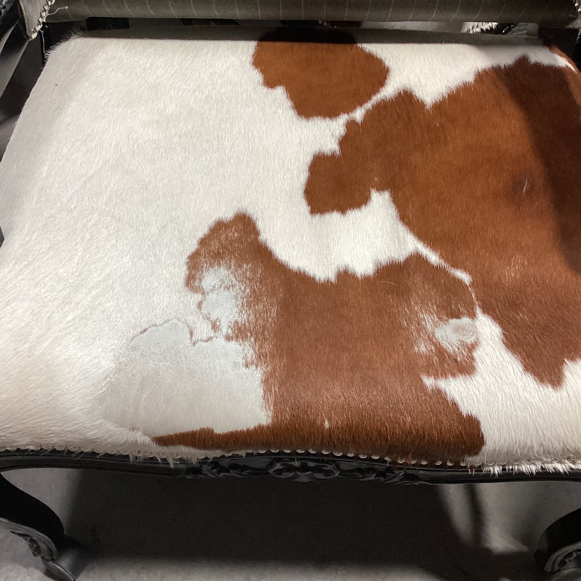Carved Wood Cowhide & Grey Velvet Nailhead on Casters Chair 28"x 25"x 37"