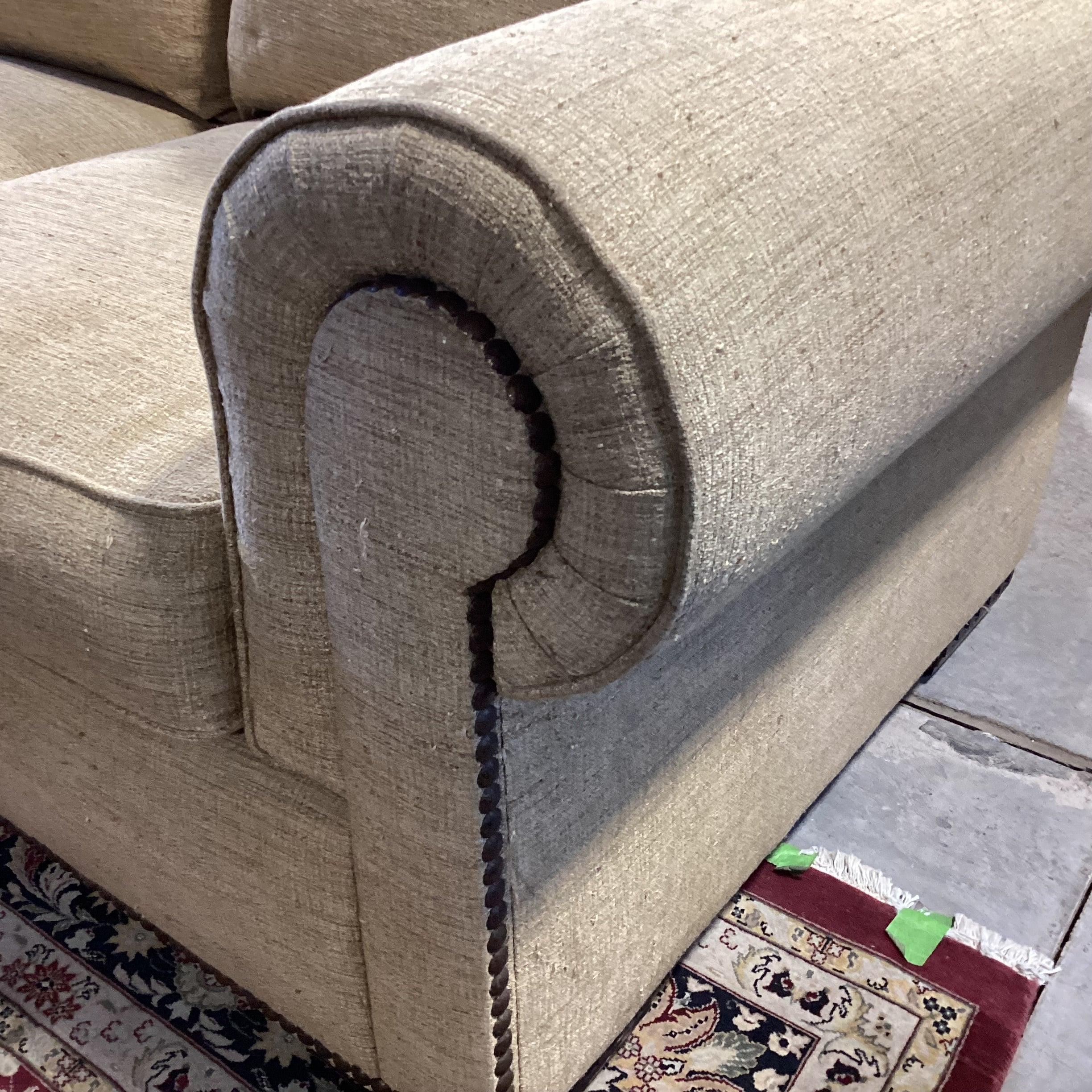 Rene Cazares Golden Tan Woven with Nailhead Down Mix Sofa 96"x 38"x 35"