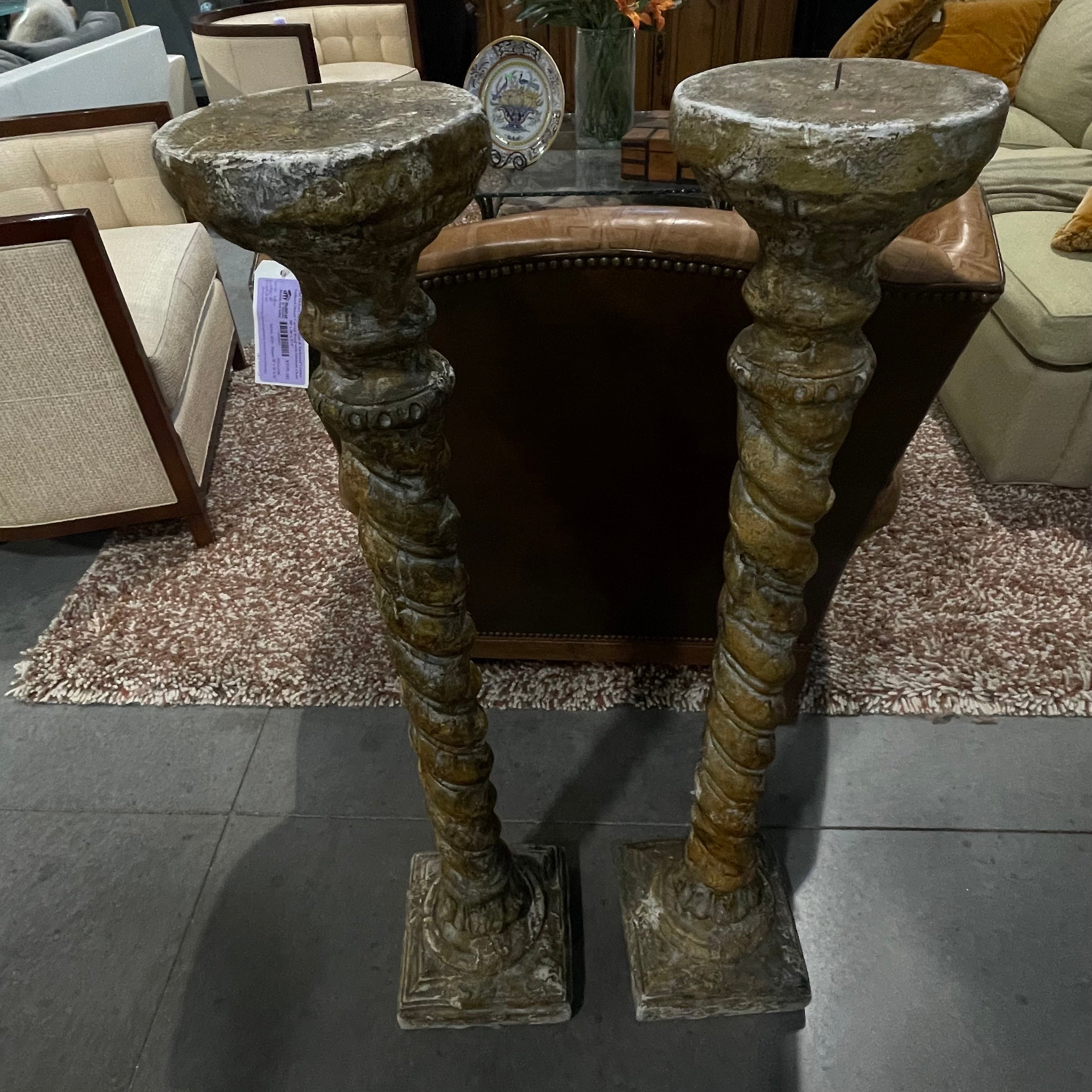Vintage Original Signed Attila Tivadar Reproduction Cast Stone Composite Neoclassical Barley Twist Candle Holders, Pair