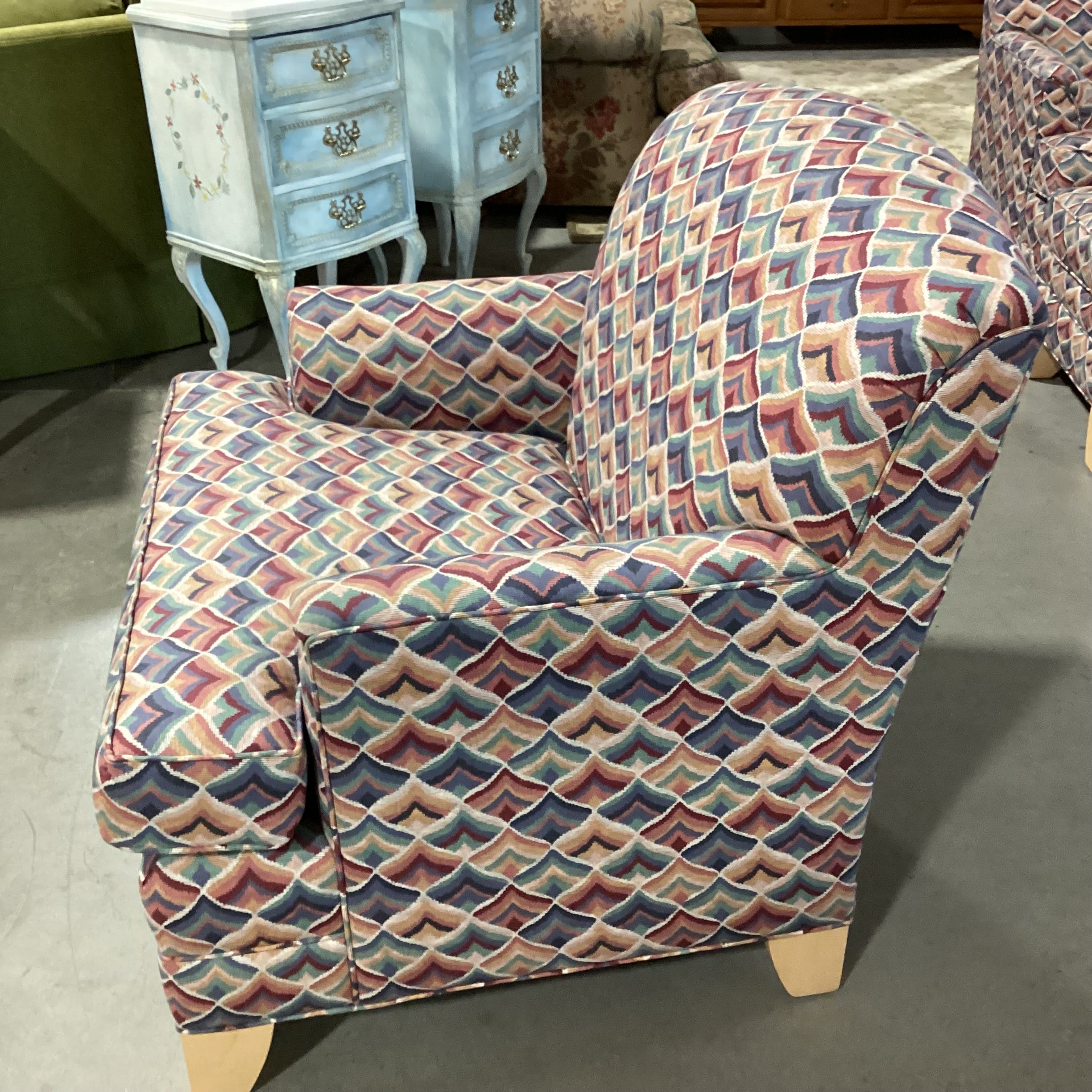 Ethan Allen Blue Red Pink Green Fan Design Chair 34"x 32"x 35"