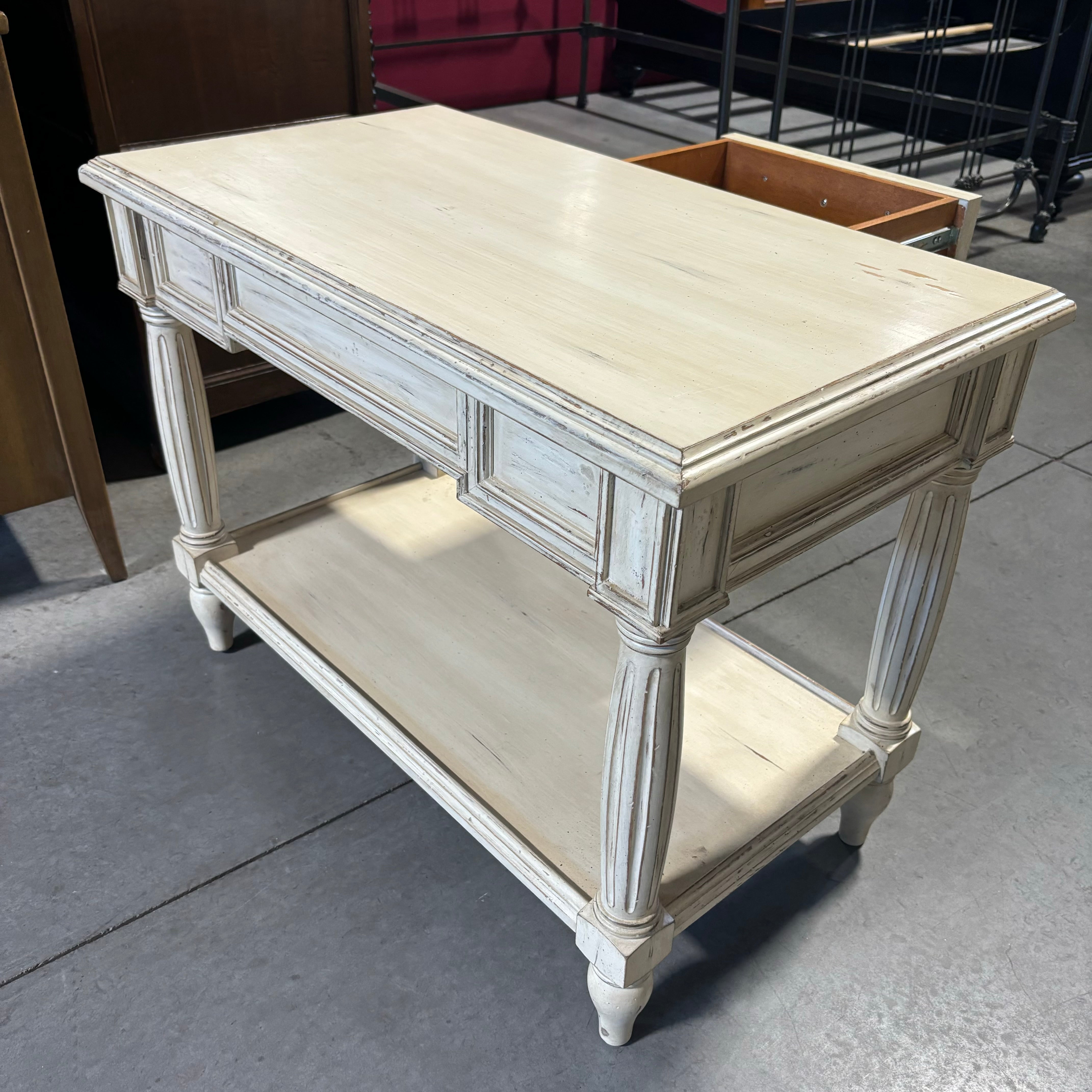 Vintage White Washed Wood 2 Tiered 1 Drawer End Table 36"x 20"x 27"