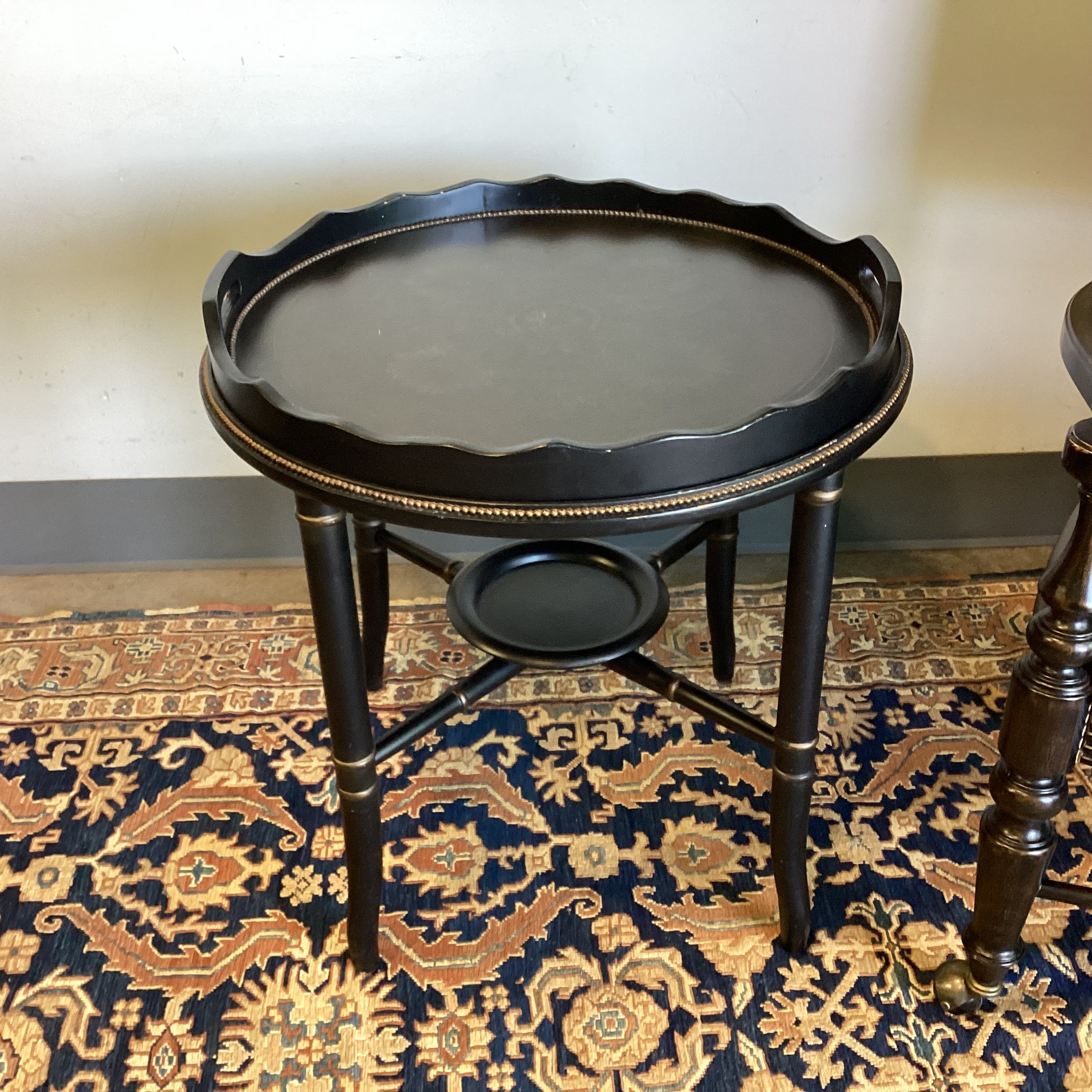 Black Distressed Wood with Ornate Trestle & Metal Beading Detail Round Tray Top Accent Table 26" Diameter x 26.5"