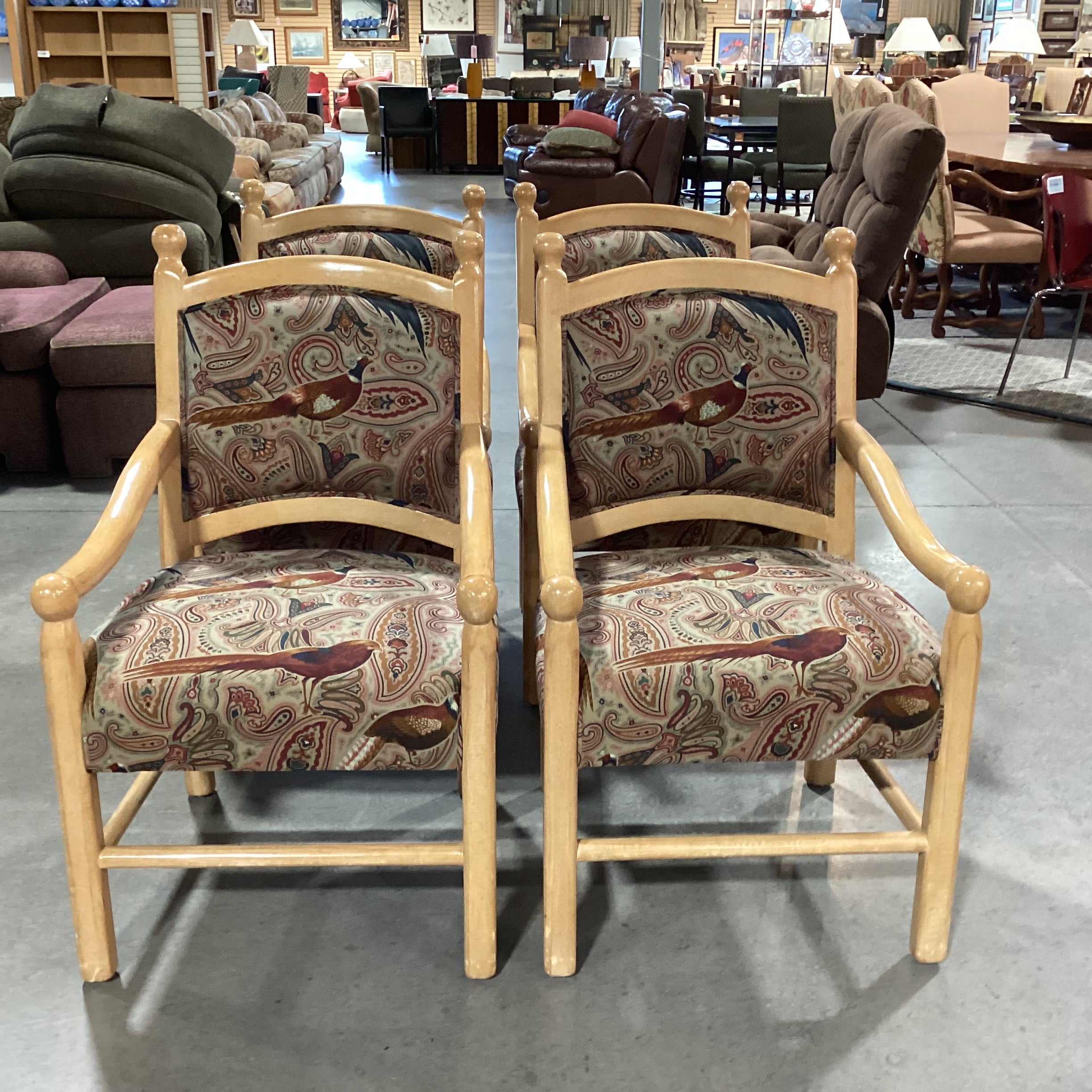 SET of 4 Beverly Interiors Custom Carved Wood & Rust Teal Pheasant Upholstered Armed Dining Chairs 24"x 25"x 39"