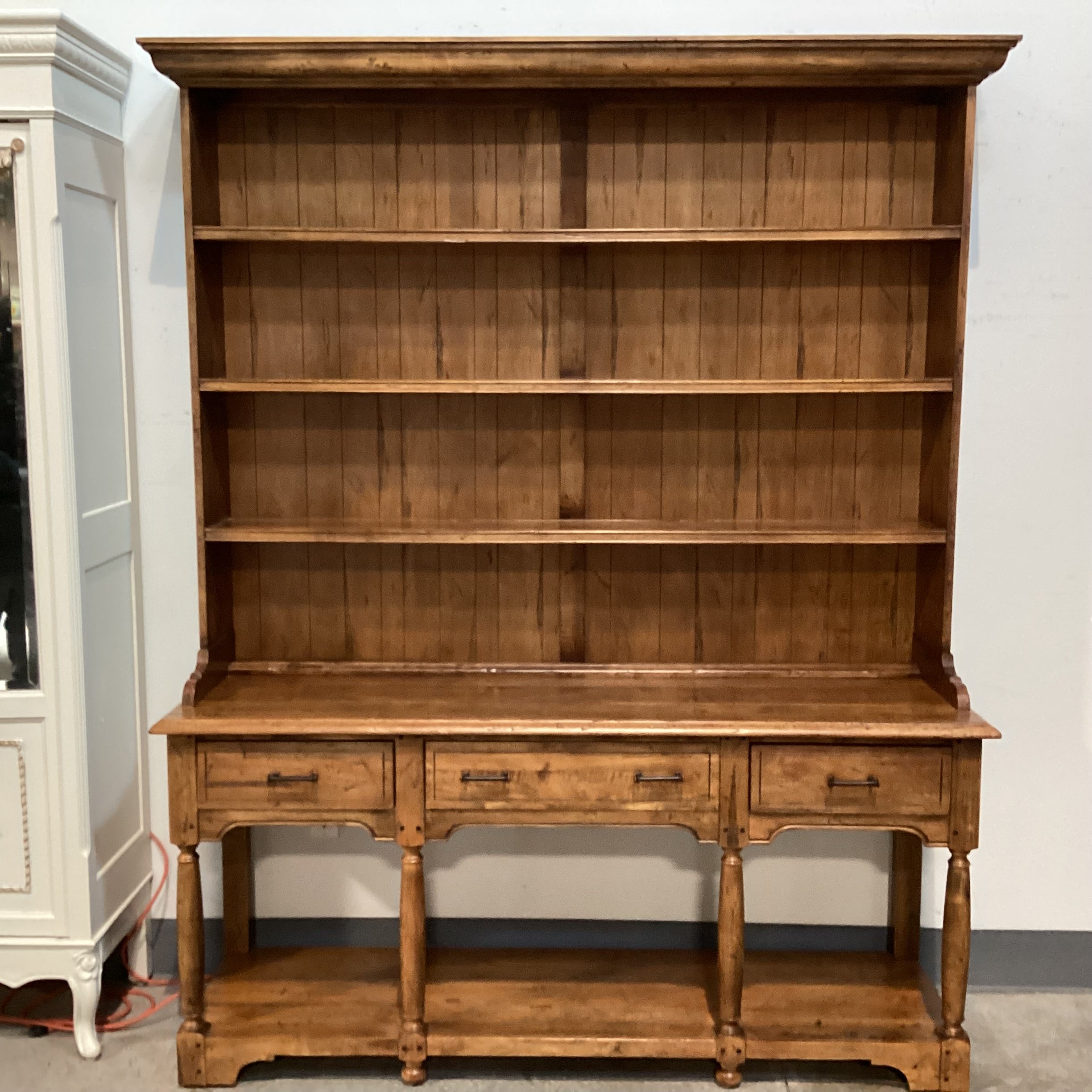 Ethan Allen Vintage Carved Distressed Wood 3 Drawers & Shelves 2 Piece China Hutch 65"x 19"x 82.5"