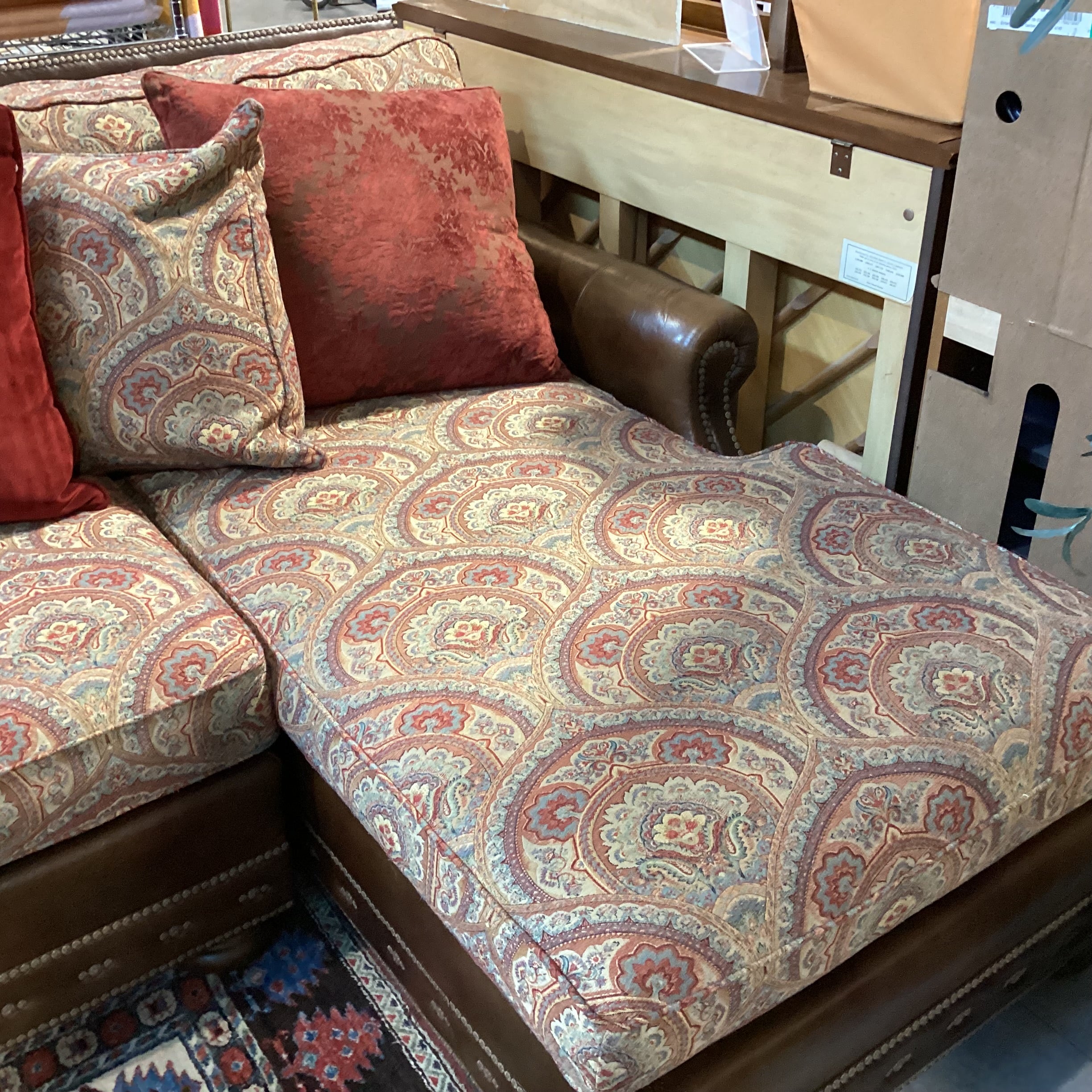 Massoud Luxery Western Leather Nailhead Ornate Floral & Reverse Velvet 2 Piece with Chaise Sectional 130"x 72"x 45"x 38"