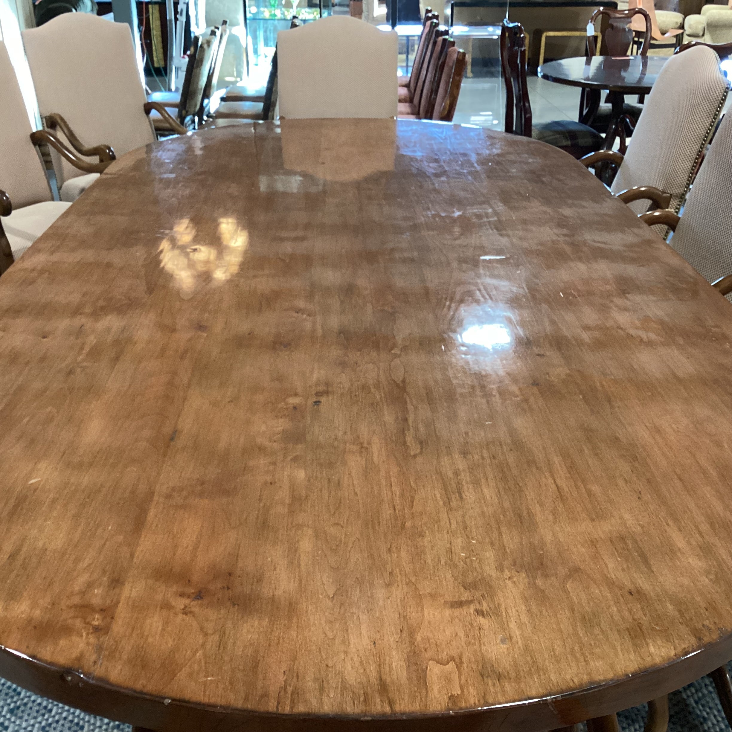 Oval Finished Carved Wood 3 Pedestal Table with 8 Checker Bird Floral Trouvalles Chairs Dining Set 118.5"x 59.5"x 31"
