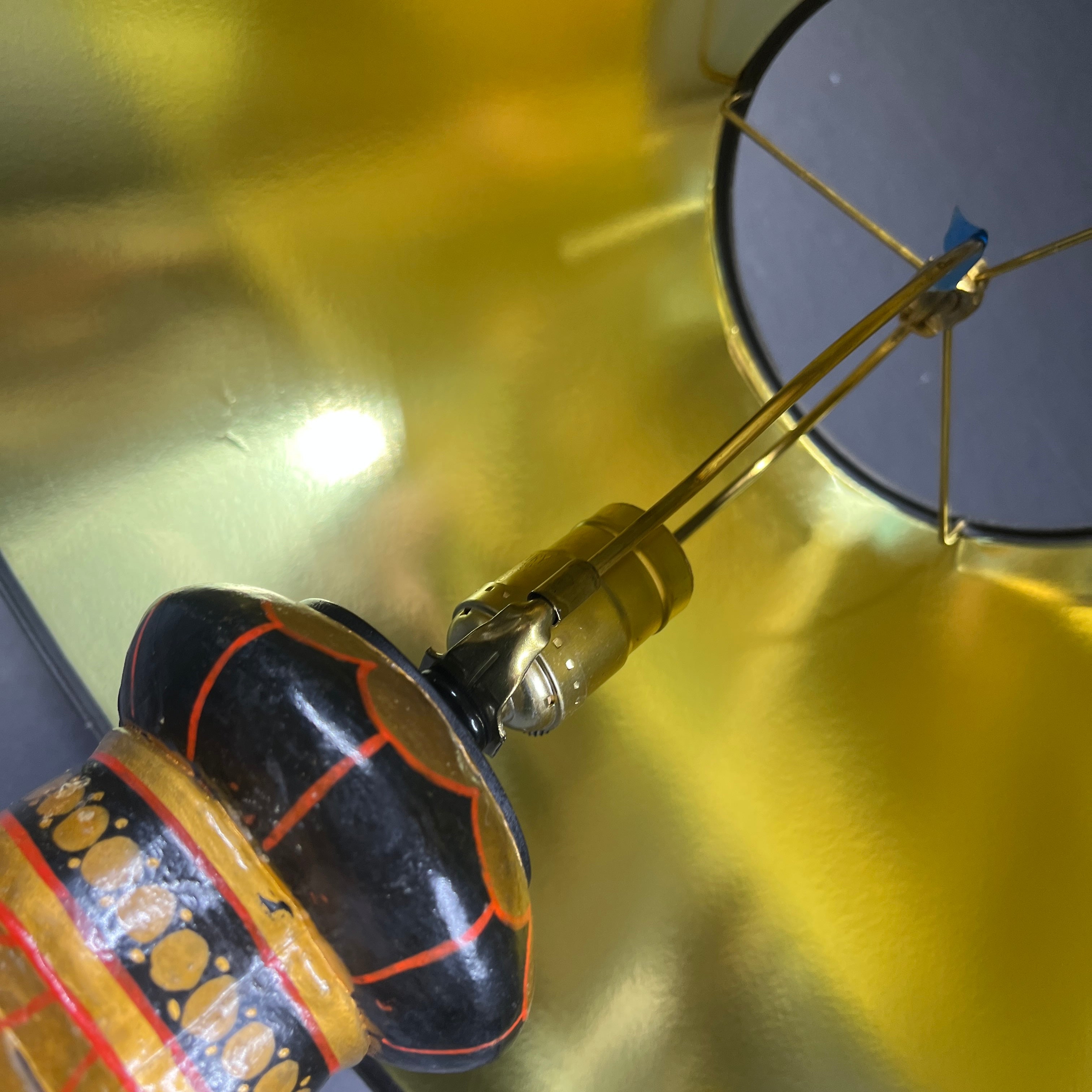 Vintage Double Sided Hand Painted Black and Gold Lovers Metal Vase with Shade Table Lamp 18” Diameter @ Shade x 25”