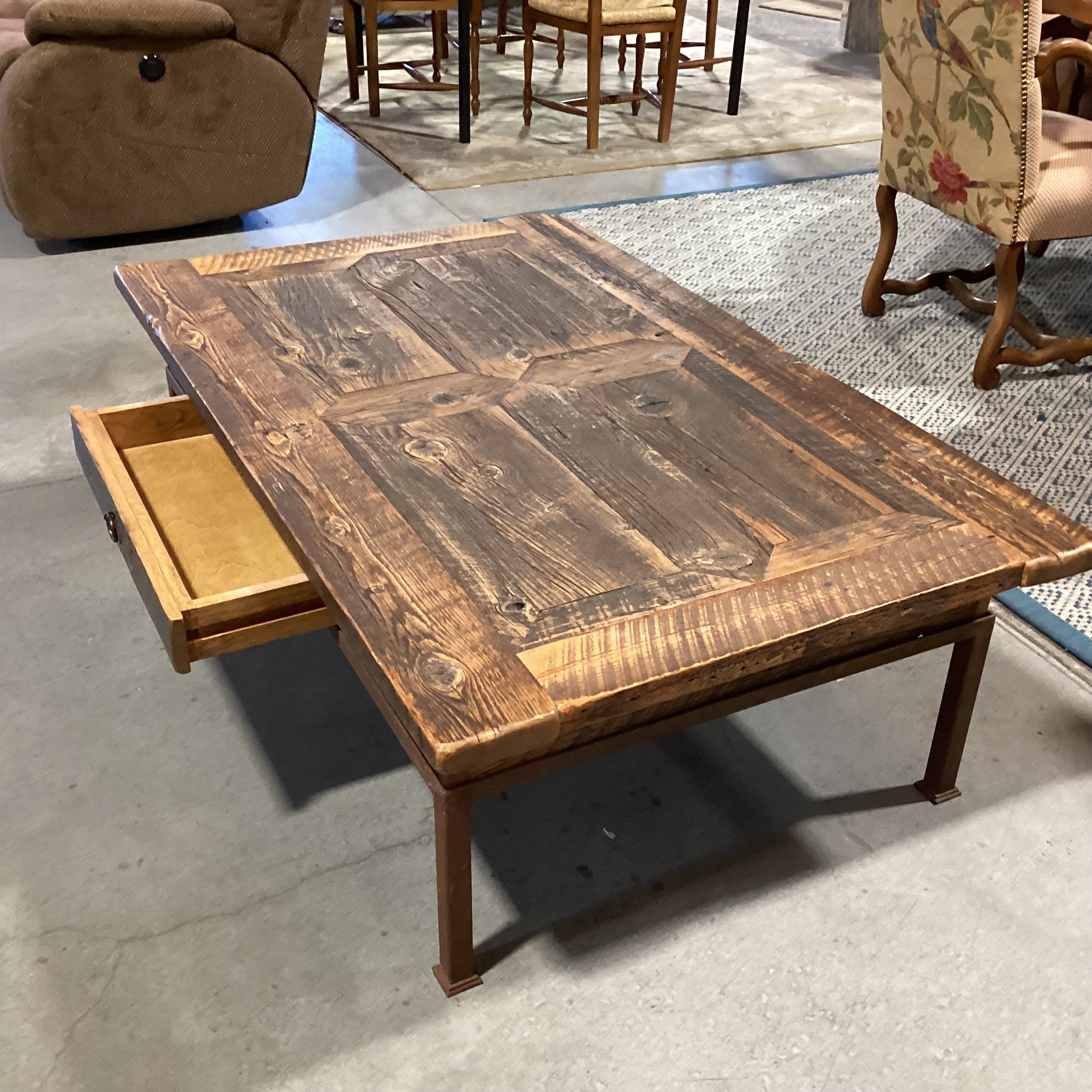 Custom Crafted Reclaimed Wood 1 Drawer with Iron Base CoffeeTable 56"x 34"x 18"