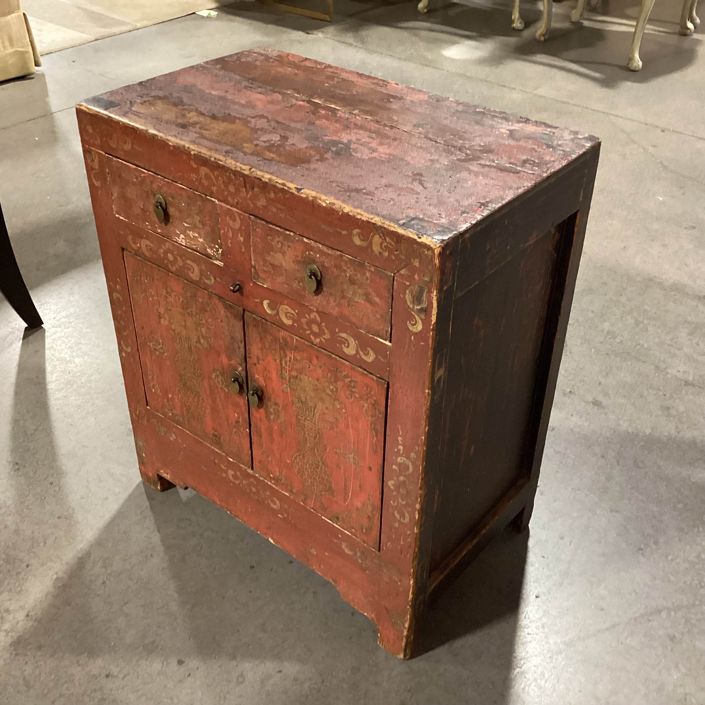 Vintage Antique Asian Carved Wood Red & Gold Painted 2 Drawer 2 Door Cabinet End Table 22"x 13.5"x 26"