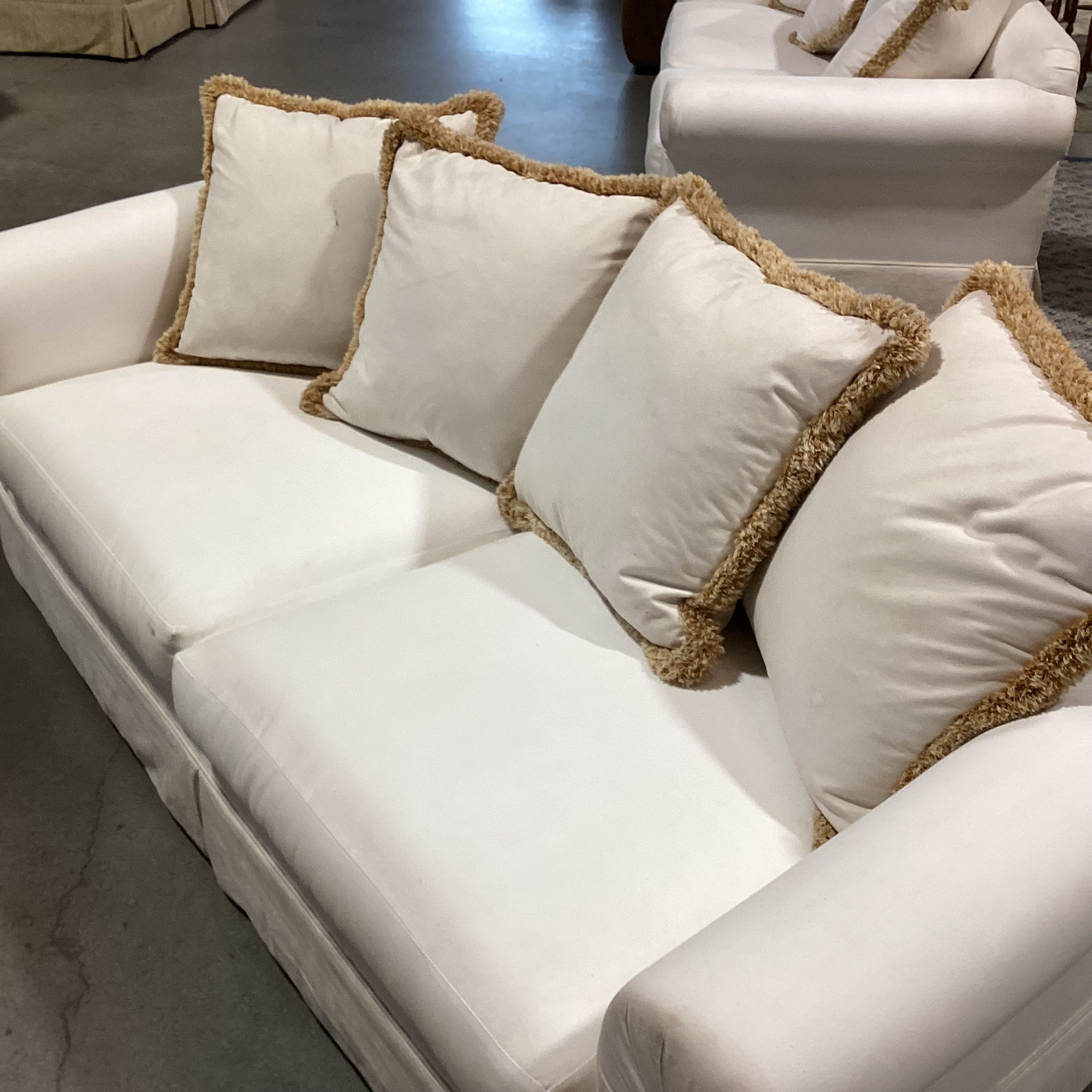 Custom Cream with Gold Tan Fringe Down Mix Roll Arm Sofa 85"x 40"x 31"