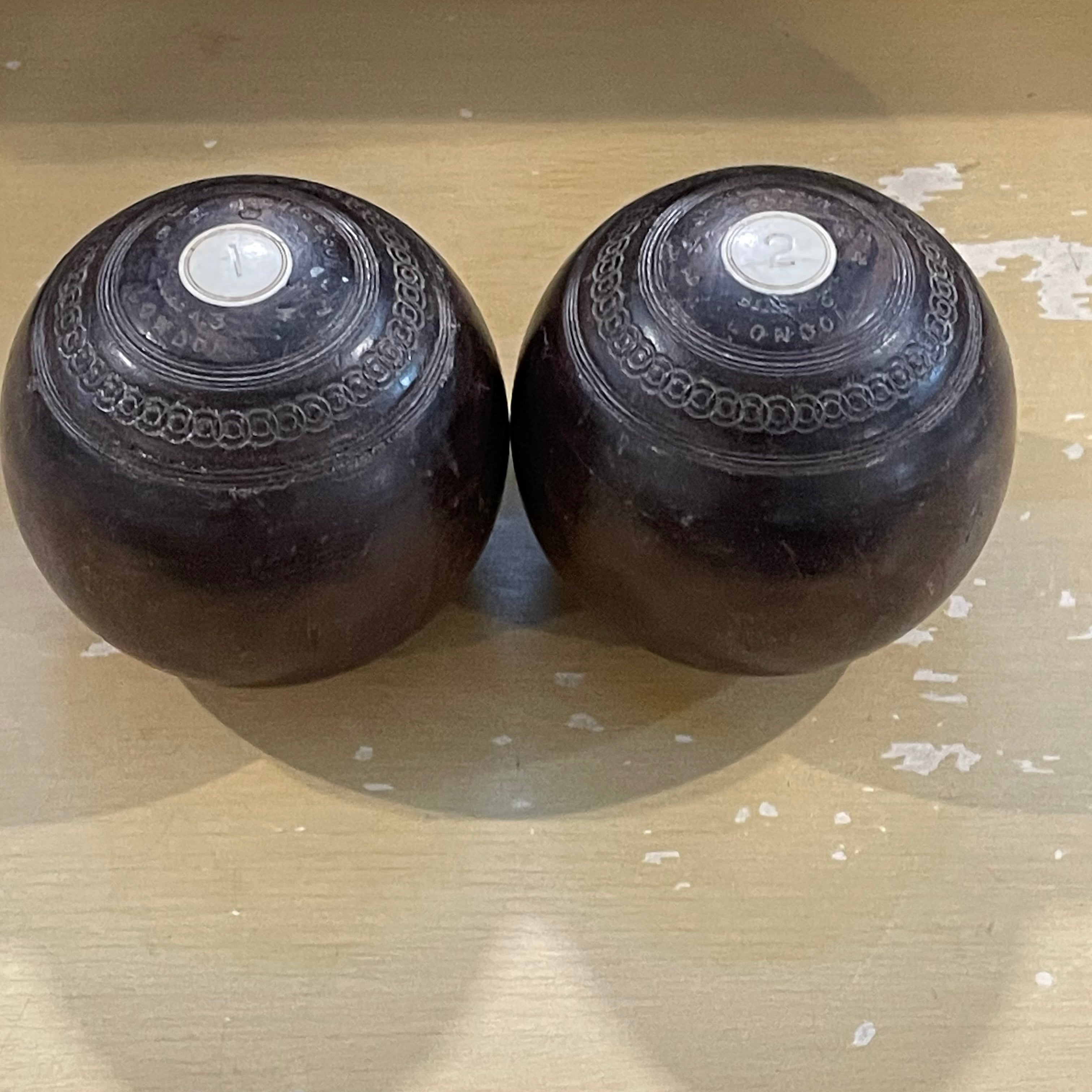 Set of 2 Antique Lignum Vitae Bocce/Lawn Bowling Balls, 4.75" Each