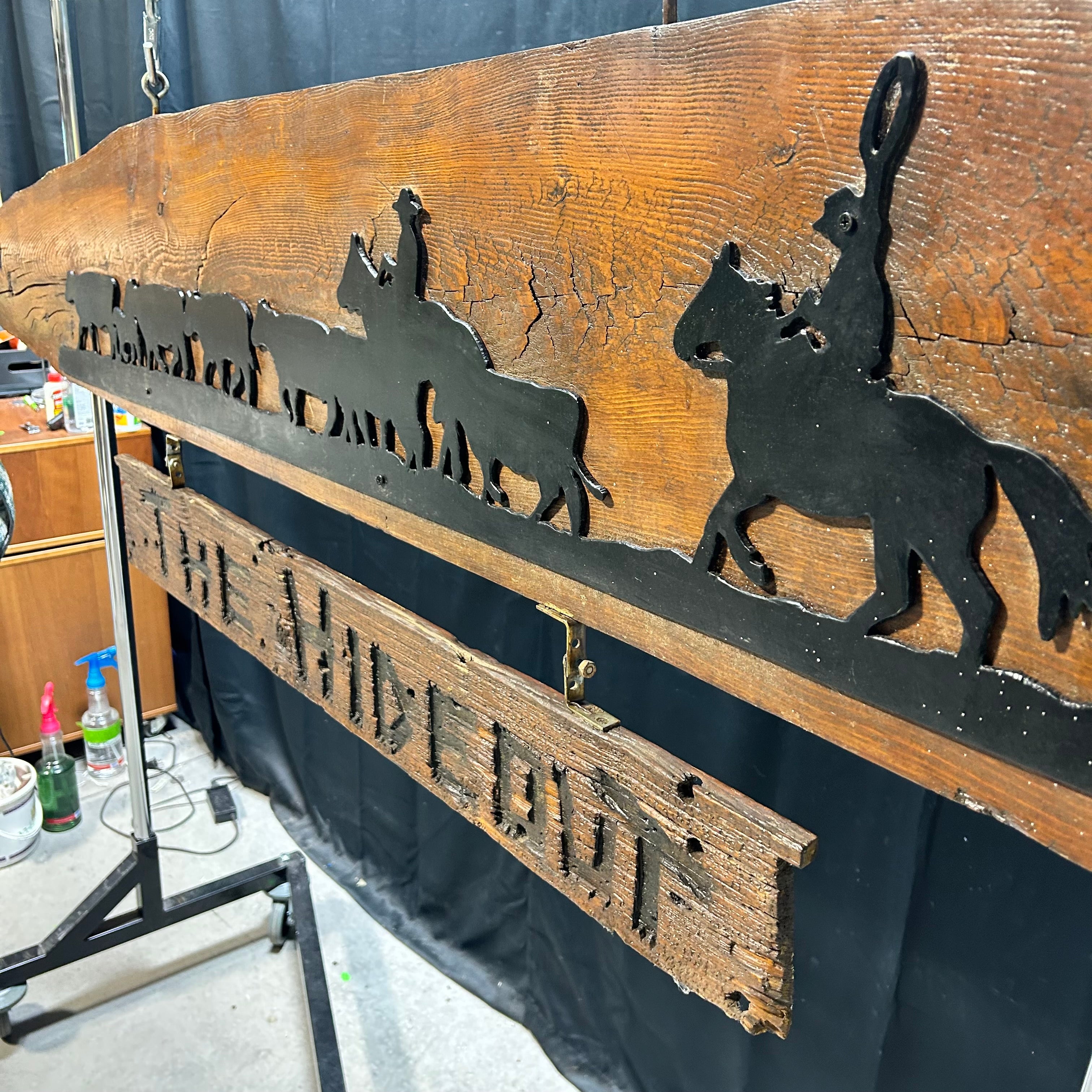 Large Western Decor Sign "THE HIDEOUT" With Iron Cattle Drive Silhouette 89"x 23"