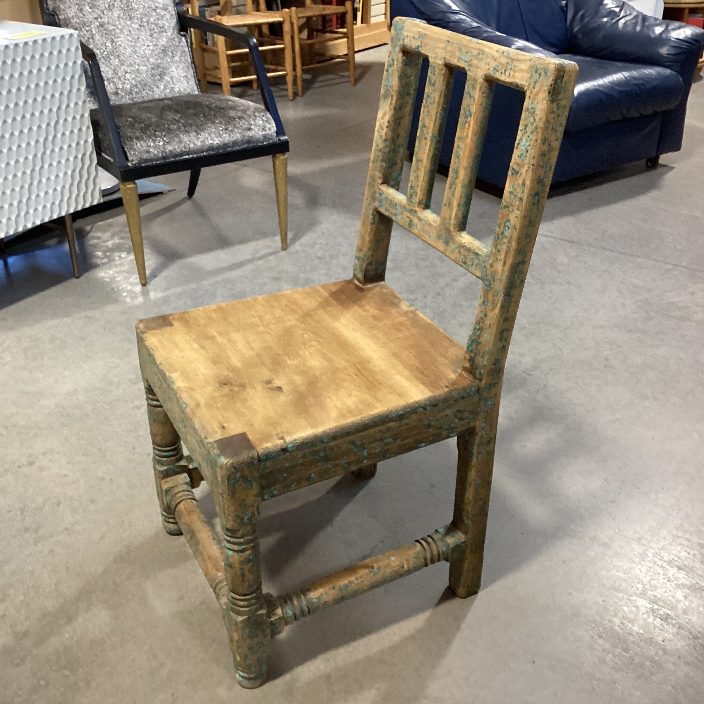 Santa Fe Style Carved Wood with Teal Distressing Chair 18"x 21"x 37"