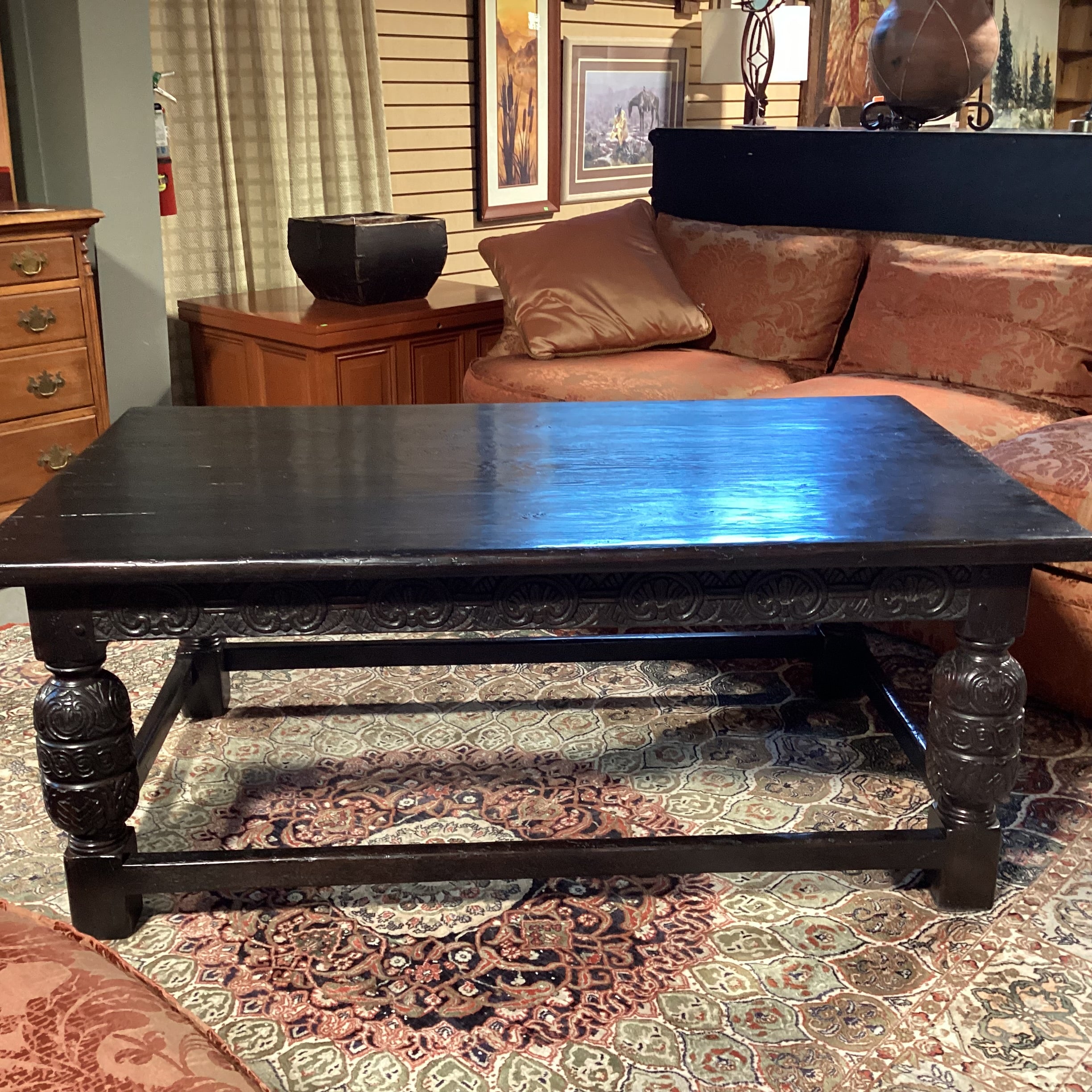 Antique Black Finish Ornate Carved Wood Coffee Table 60"x 36"x 24"