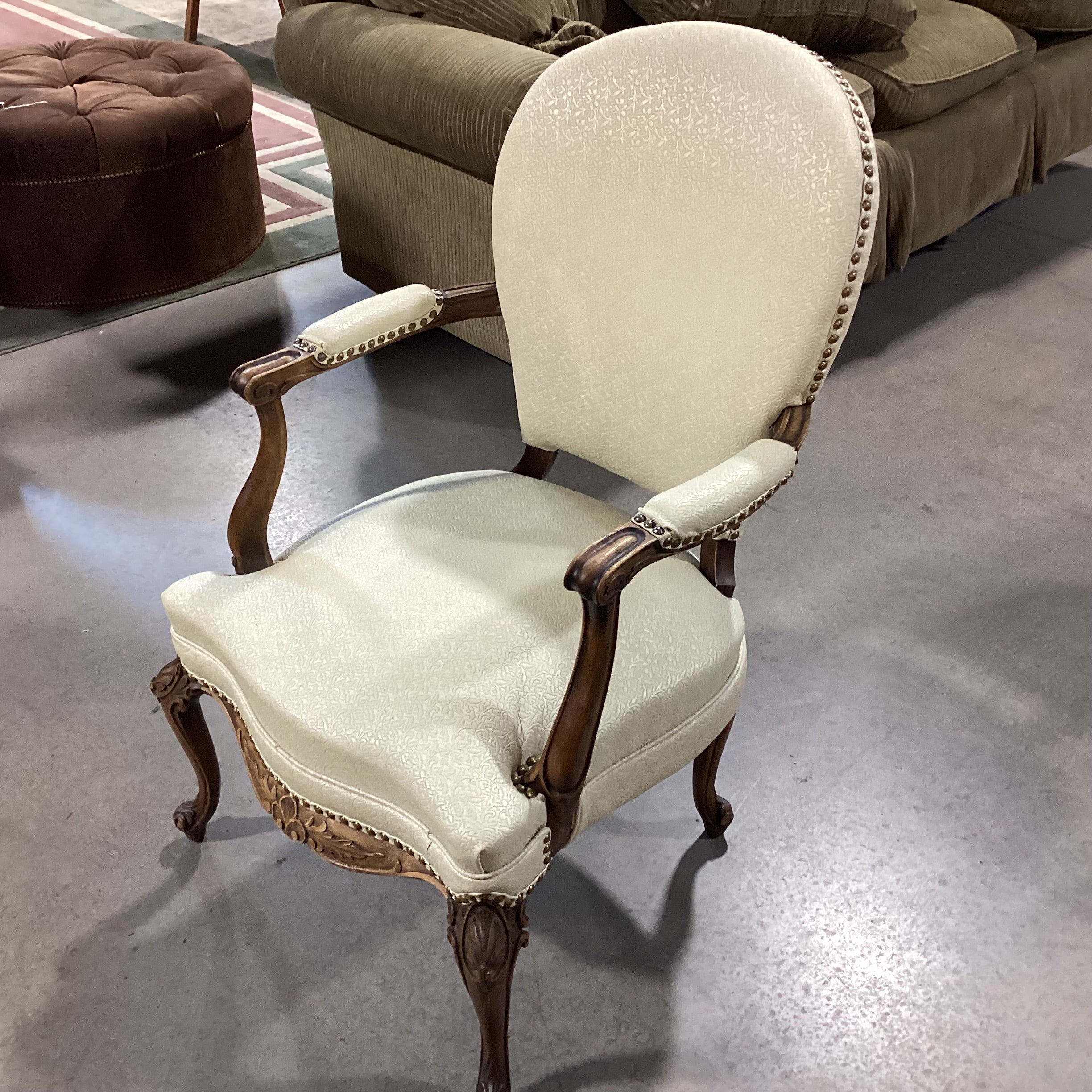 Vintage Carved Wood Cream Leather Like Embossed Vinyl Nailhead Chair 25.5"x 30"x 40"