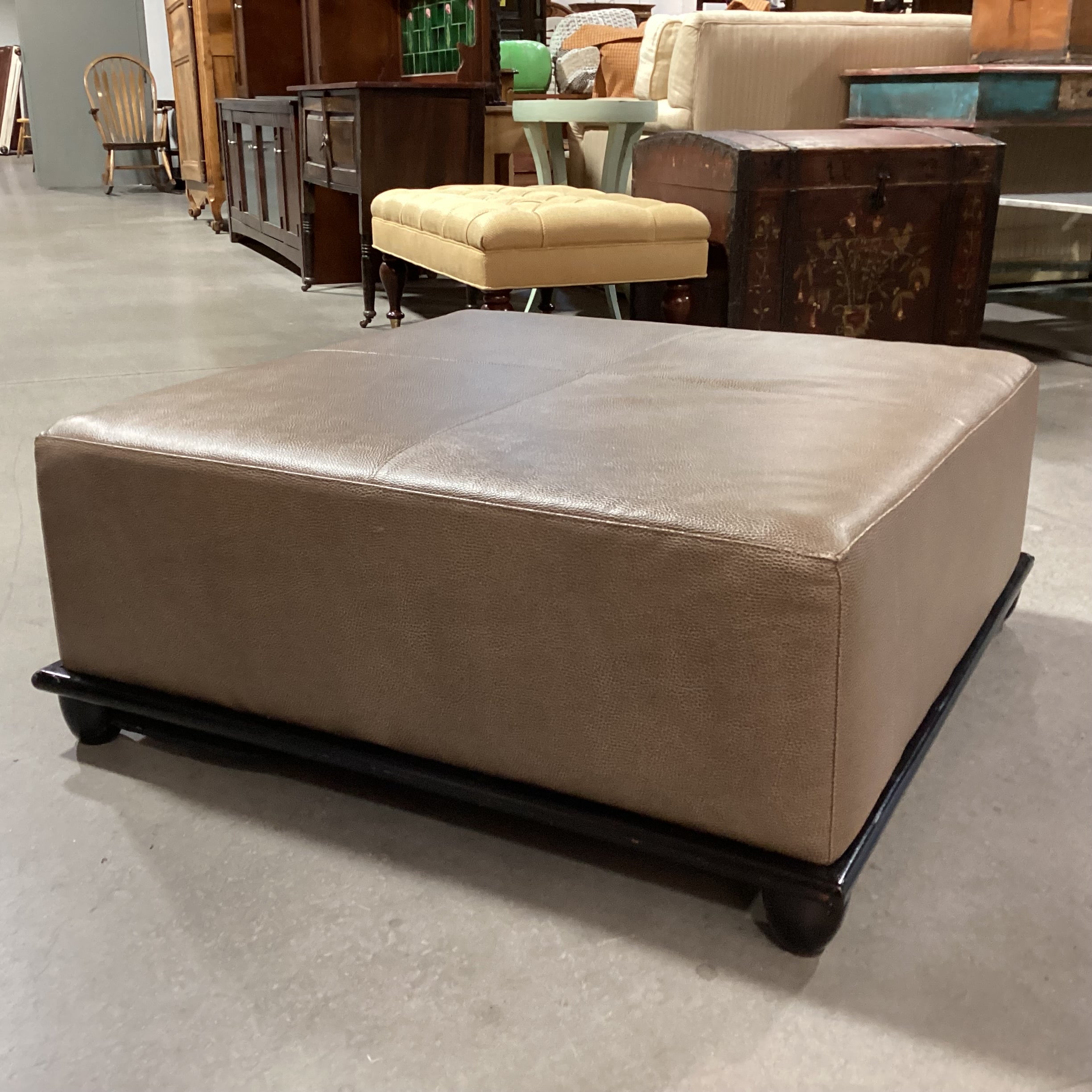 Baker Milling Road Collection Taupe Brown Textured Leather & Black Wood Base Ottoman 38"x 38"x 16"