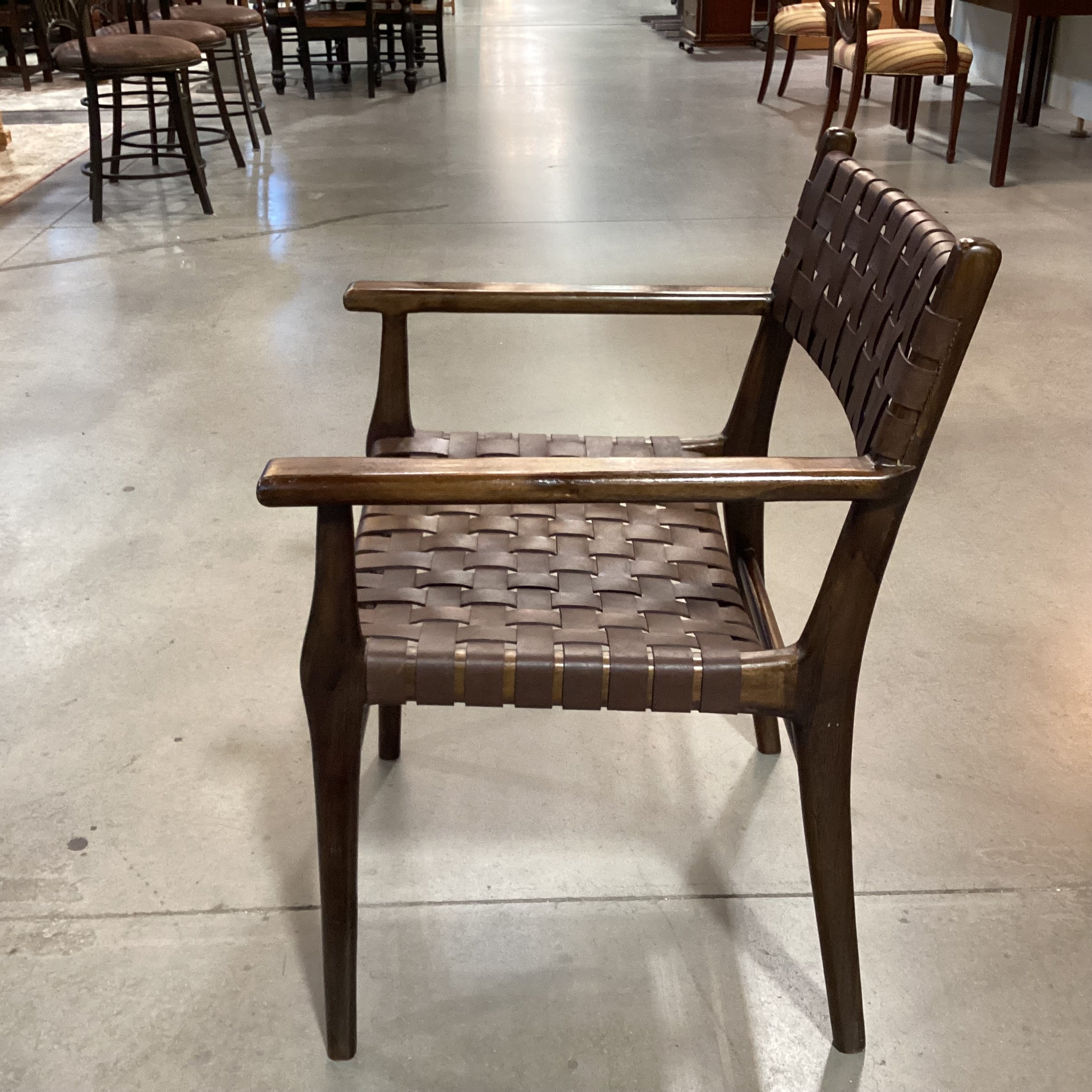 Mid Century Style Dark Finish Wood & Leather Basket Weave Chair 24"x 24"x 34"