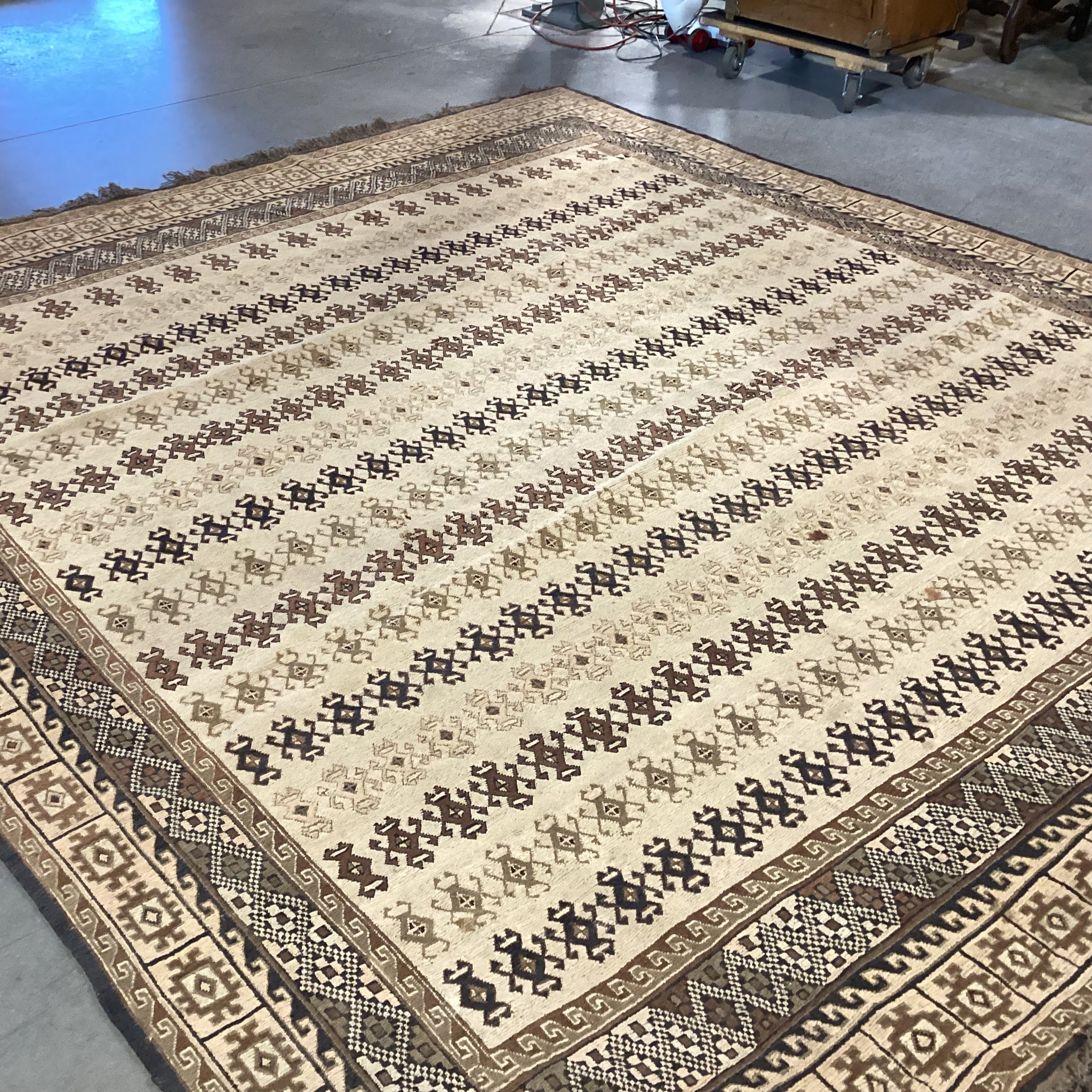 Vintage Tan & Brown Hand Woven Wool Rug 9'x 10'4"
