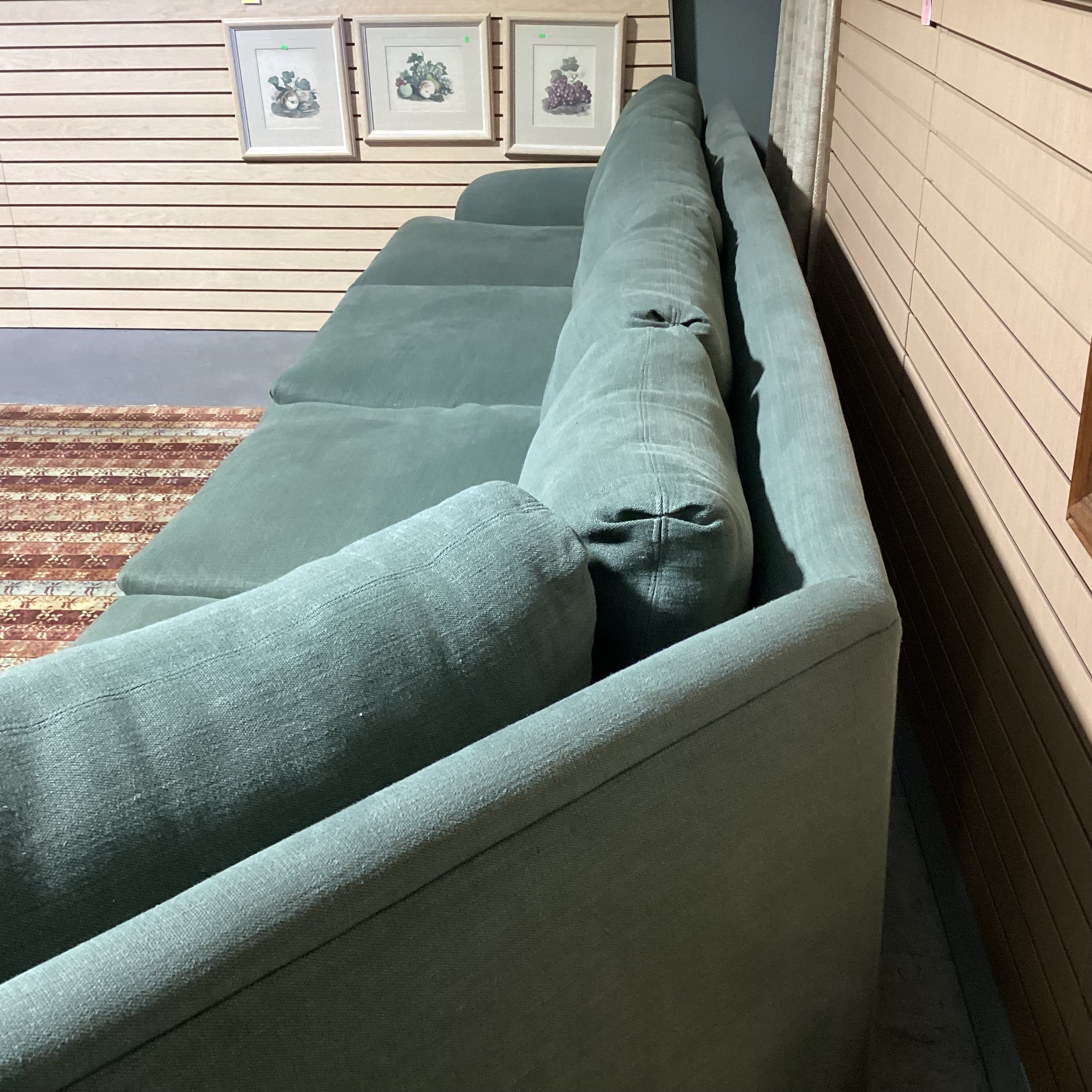 Custom Sage Belgian Linen & Down Angled Side Detail Sofa 170"x 42"x 33"