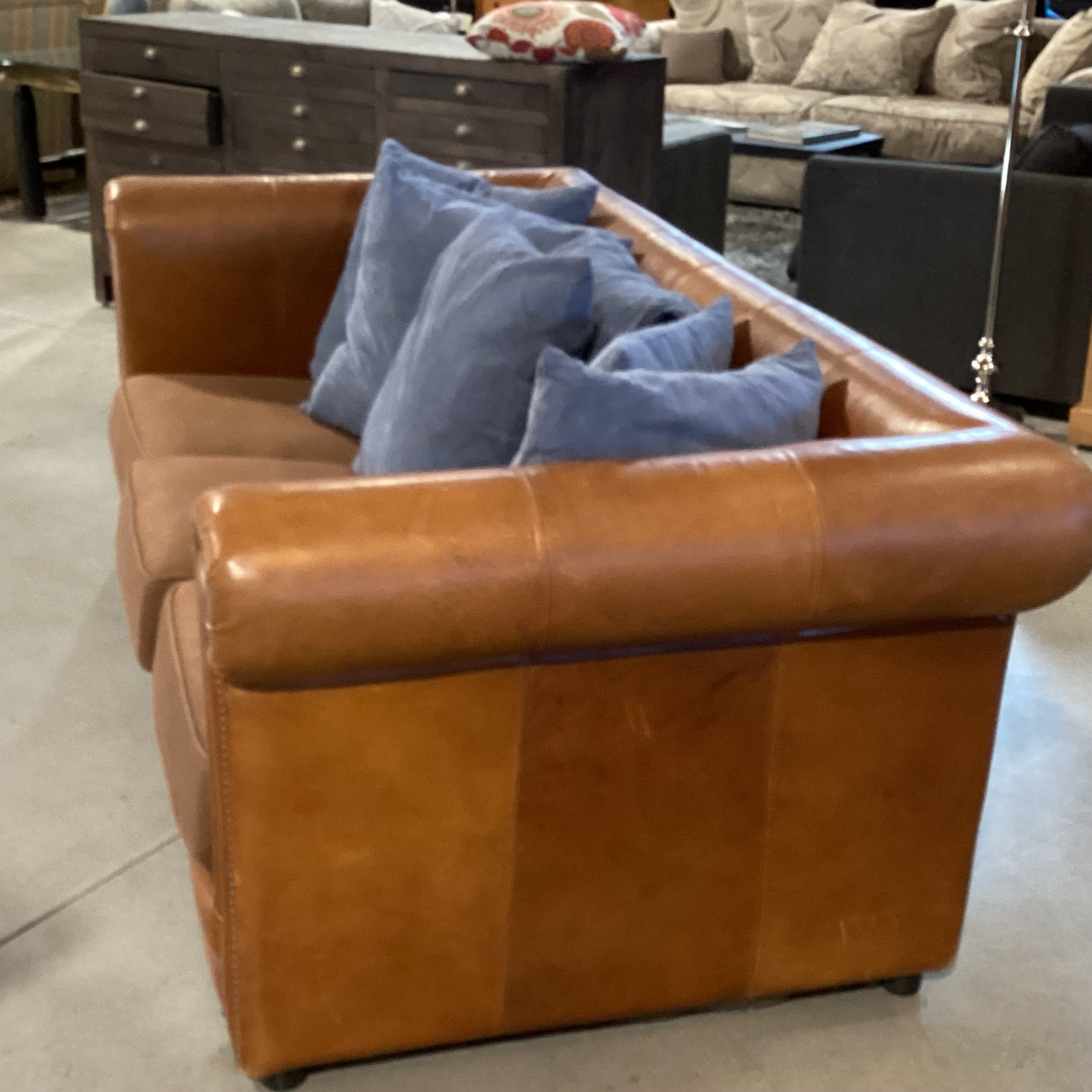 Bassett John Elway Home Collection Leather Roll Arm Nailhead & Upholstery Seat & Back Pillows Sofa 87"x 42"x 30"