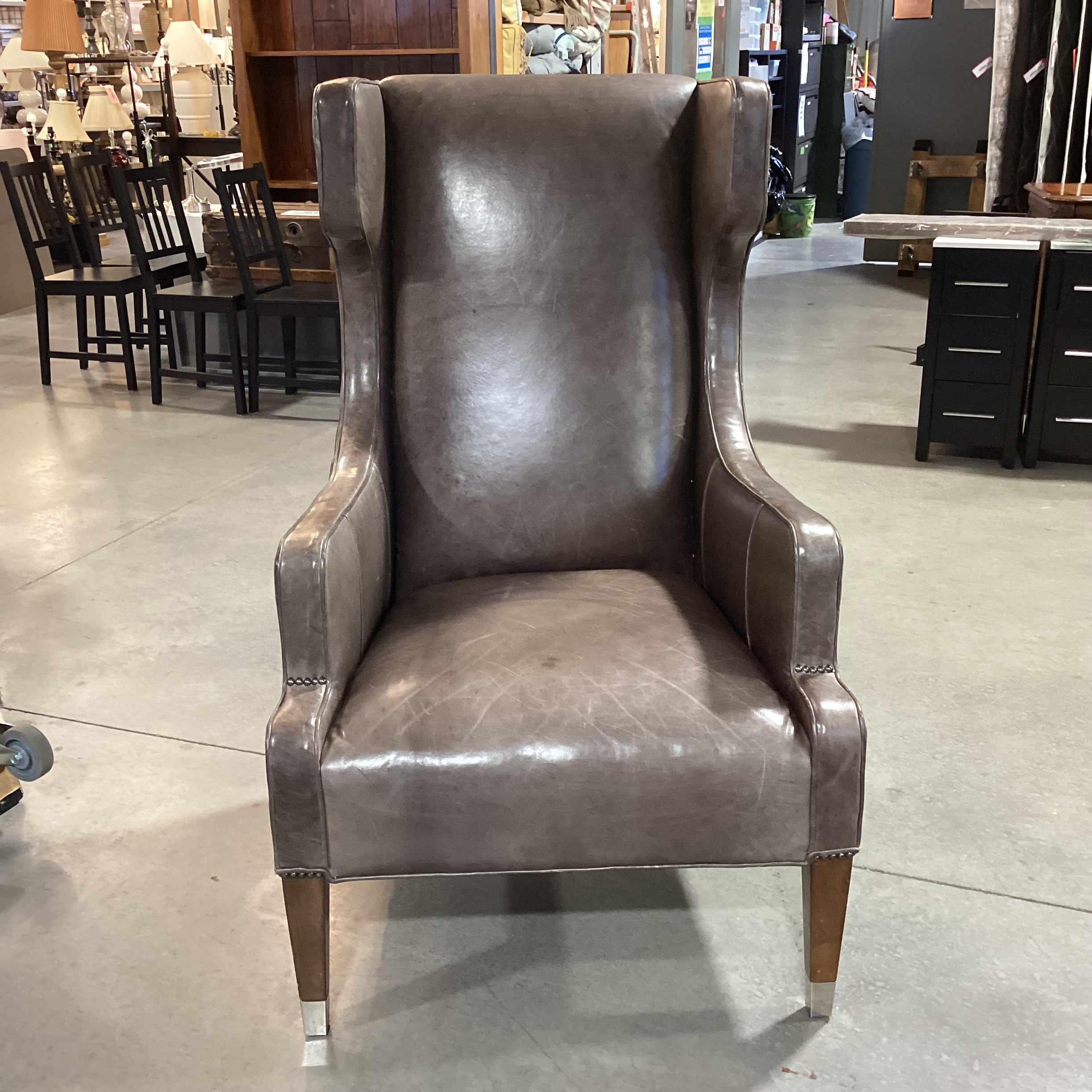 Thom Filicia Taupe Leather Nailhead Highback Wing & Slope Arm Chair 30"x 36"x 48"