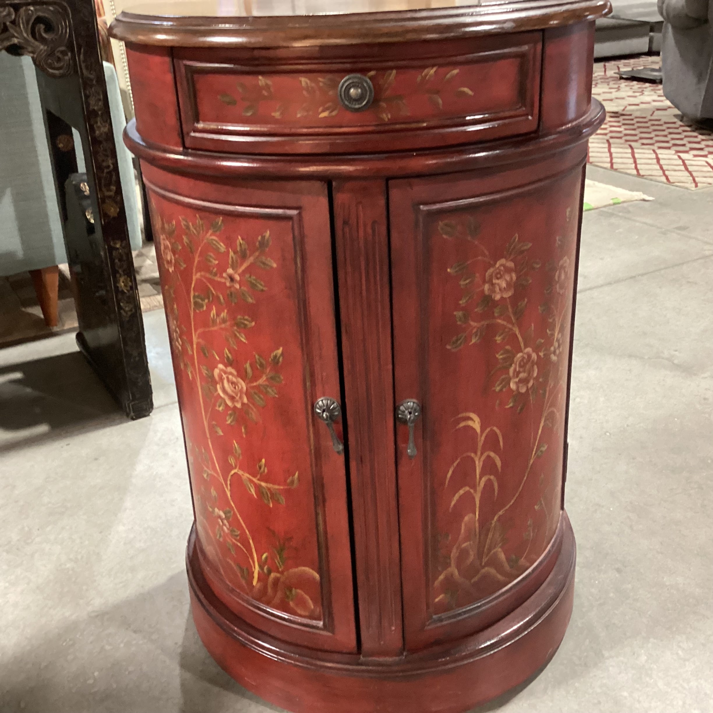 Antiqued Red Painted Floral 1 Drawer 2 Door Demilune Cabinet End Table 22"x 13"x 32.5"