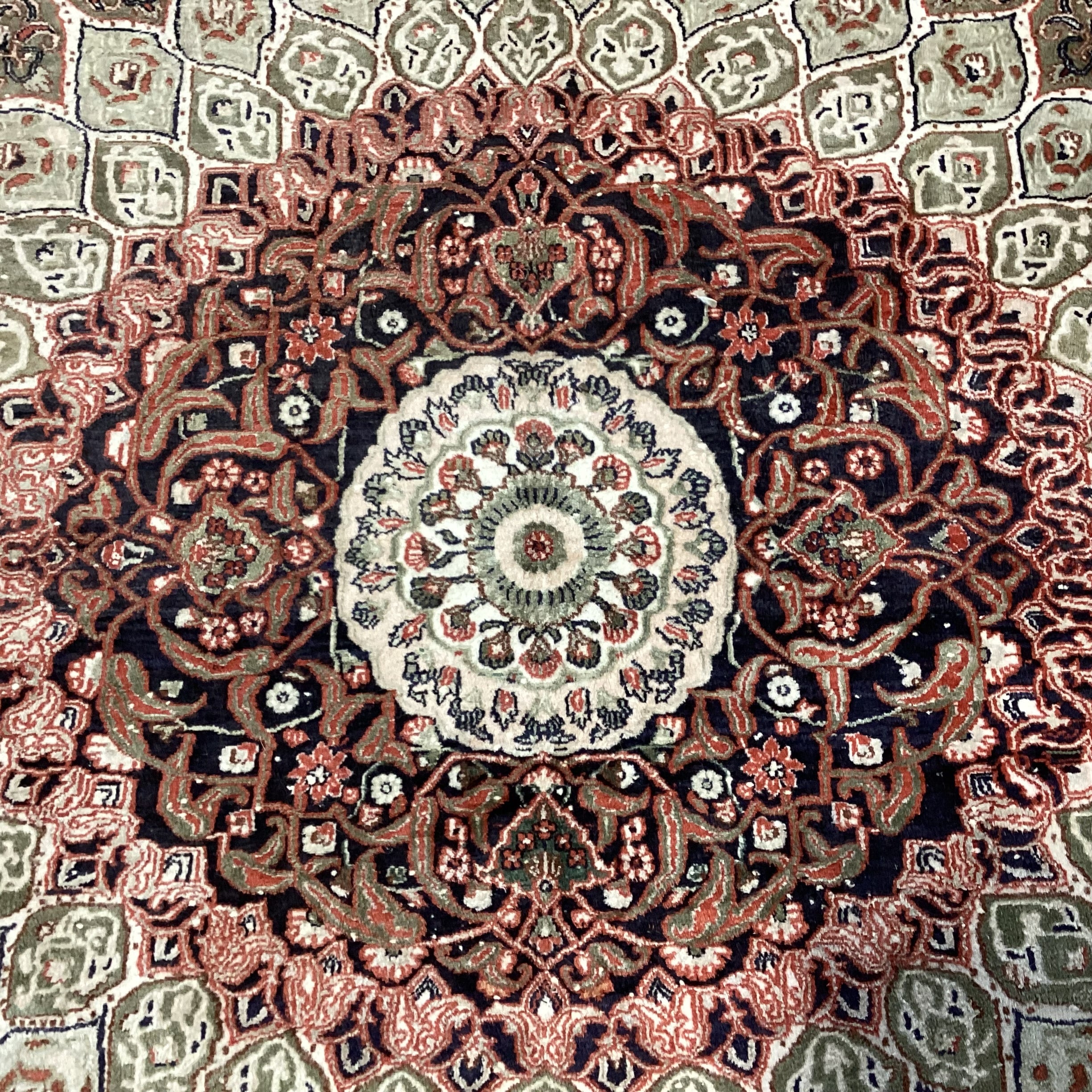 Ivory Rust Coral Blue Green Hand Woven Silk Rug 9'10"x 15.5"