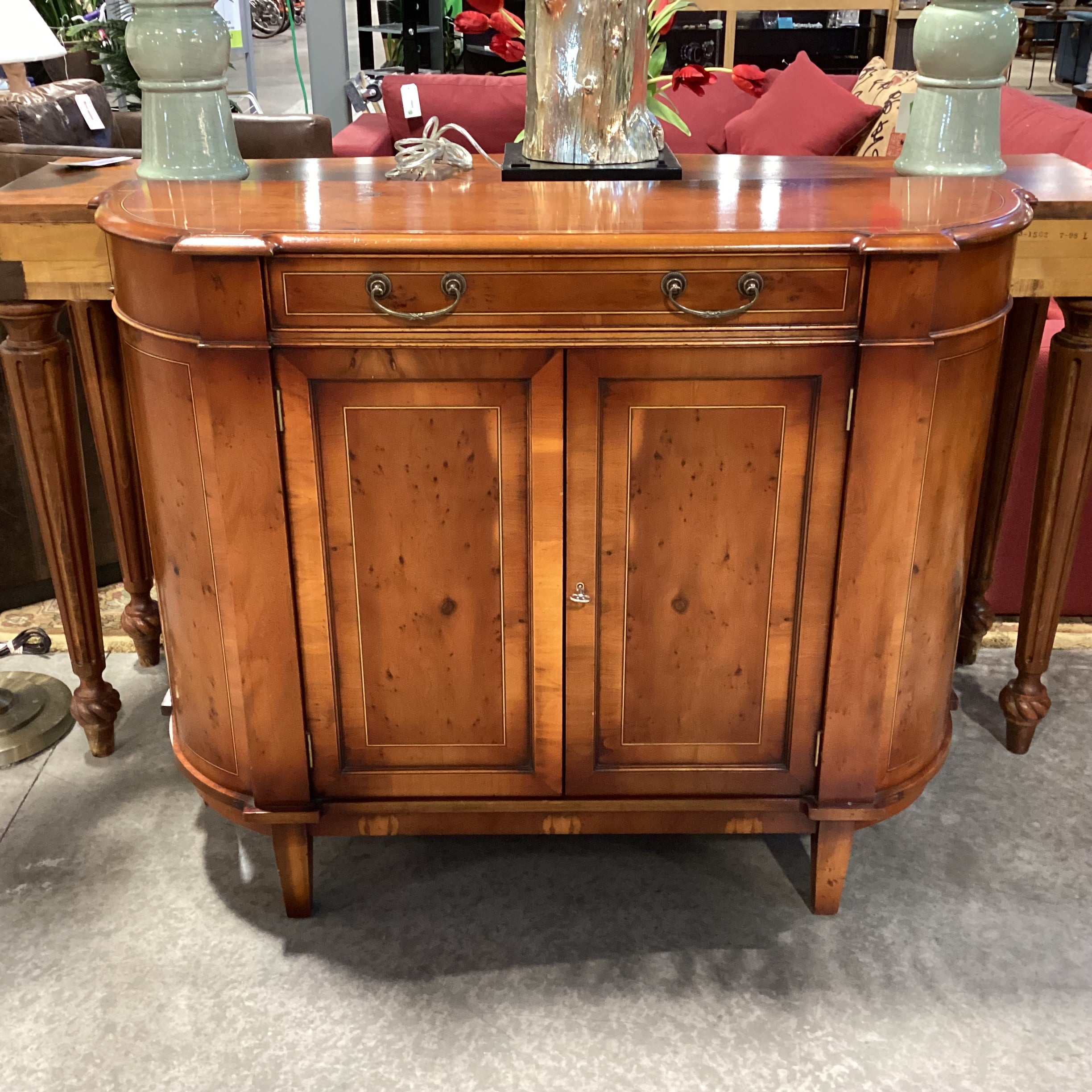 Antique Inspired Bow Front Burl or Birdseye Veneer & Decorative Inlay Lines 2 Door with Drawer Console 48"x 15.5"x 38.5"